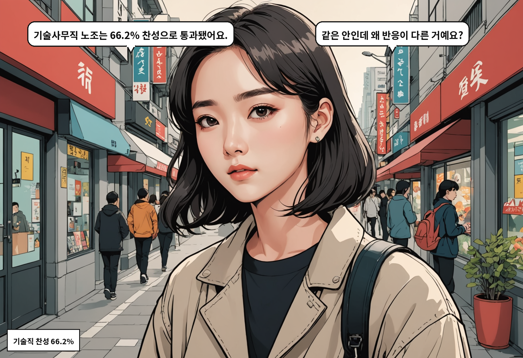 B: 기술사무직 노조는 66.2% 찬성으로 통과됐어요. A: 같은 안인데 왜 반응이 다른 거예요?