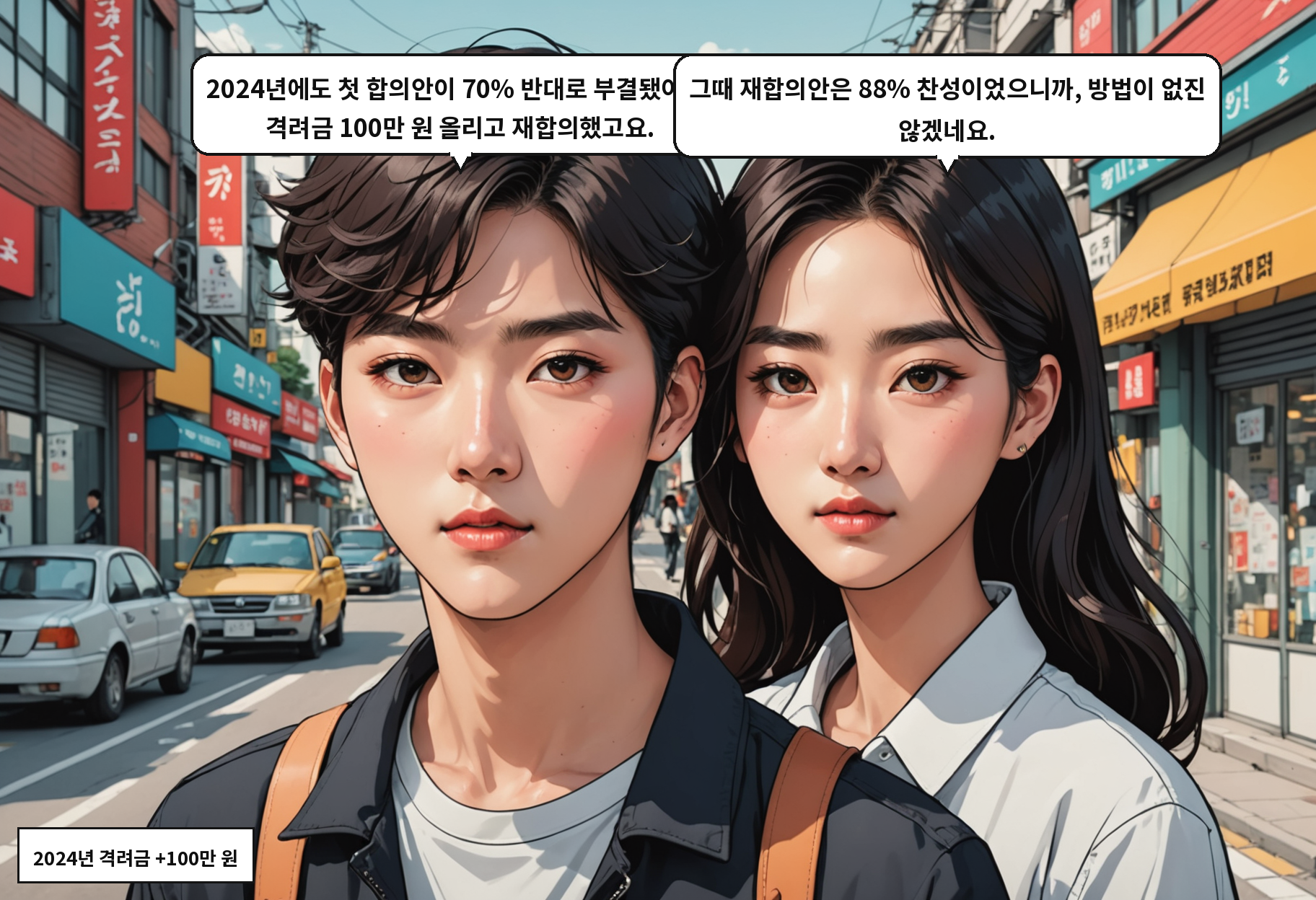 B: 2024년에도 첫 합의안이 70% 반대로 부결됐어요. 격려금 100만 원 올리고 재합의했고요. A: 그때 재합의안은 88% 찬성이었으니까, 방법이 없진 않겠네요.
