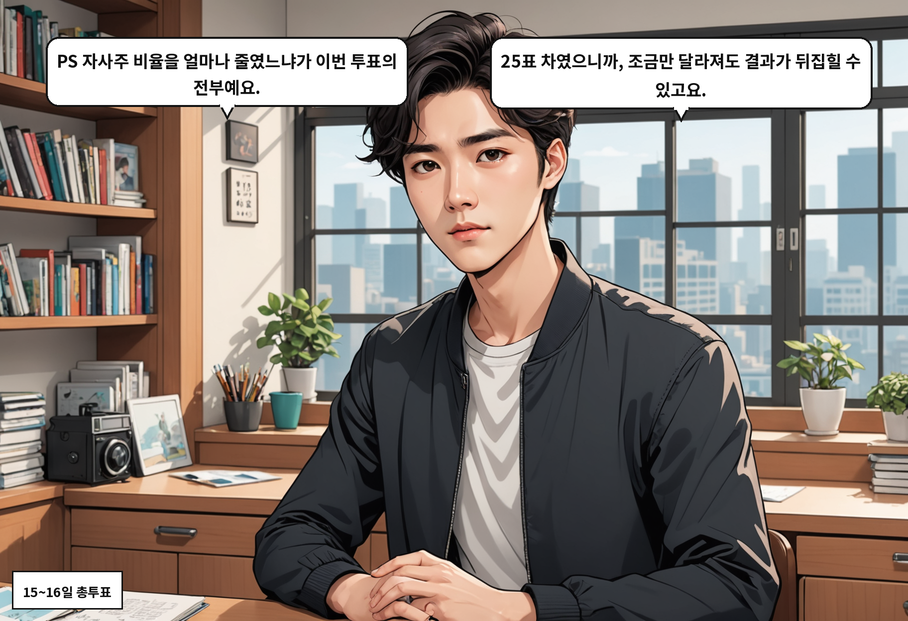 B: PS 자사주 비율을 얼마나 줄였느냐가 이번 투표의 전부예요. A: 25표 차였으니까, 조금만 달라져도 결과가 뒤집힐 수 있고요.