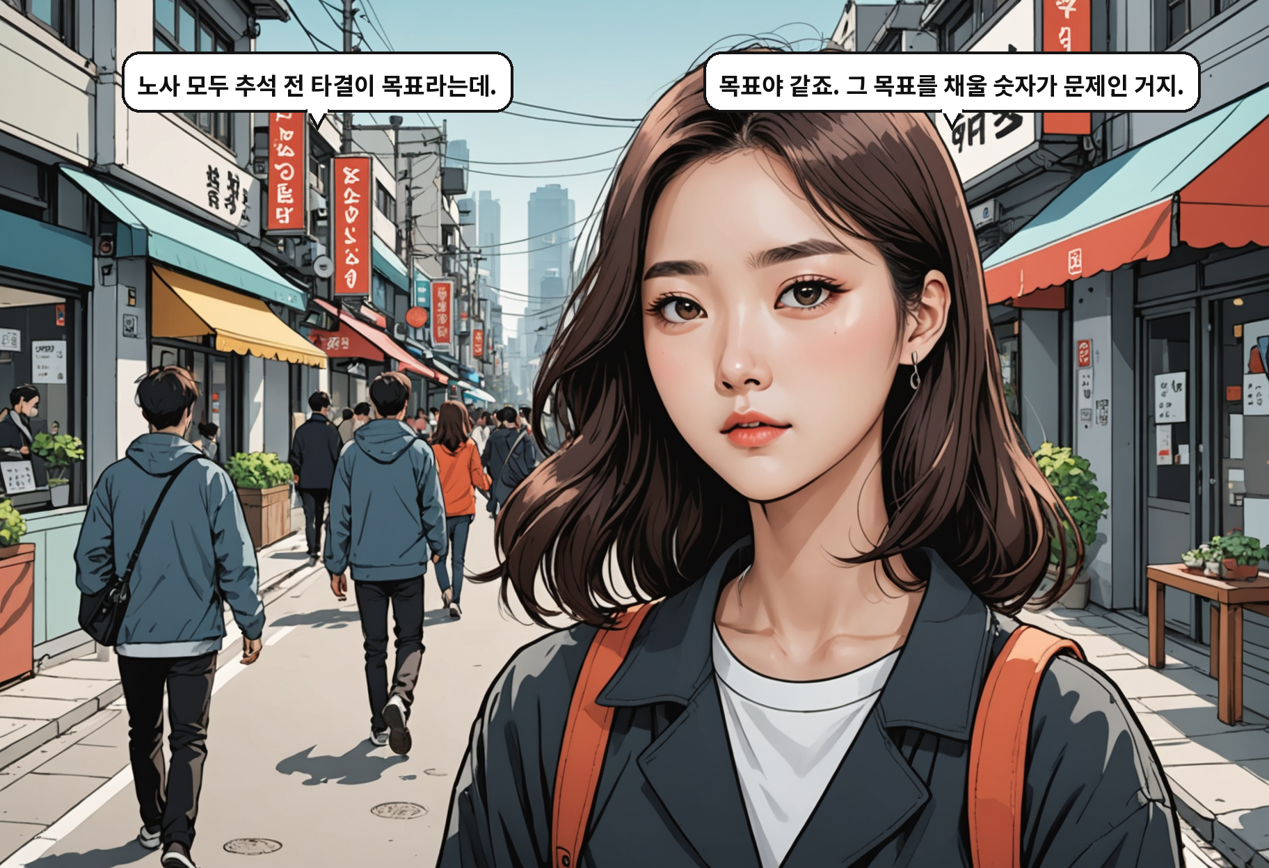 A: 노사 모두 추석 전 타결이 목표라는데. B: 목표야 같죠. 그 목표를 채울 숫자가 문제인 거지.