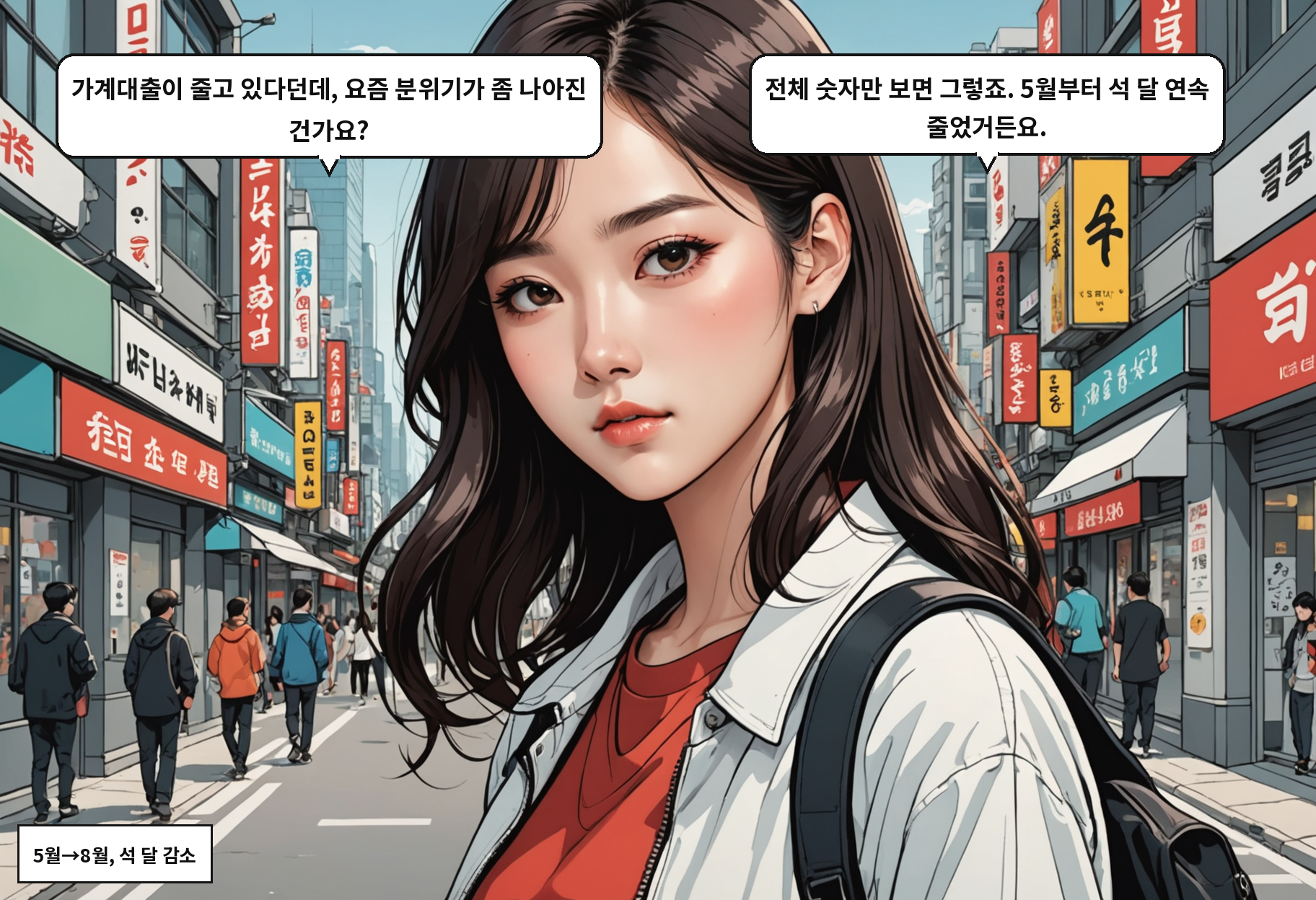 B: 가계대출이 계속 줄고 있다고 했잖아요. A: 네. 5월부터 4개월 연속이에요. 신용대출이 크게 빠졌거든요.