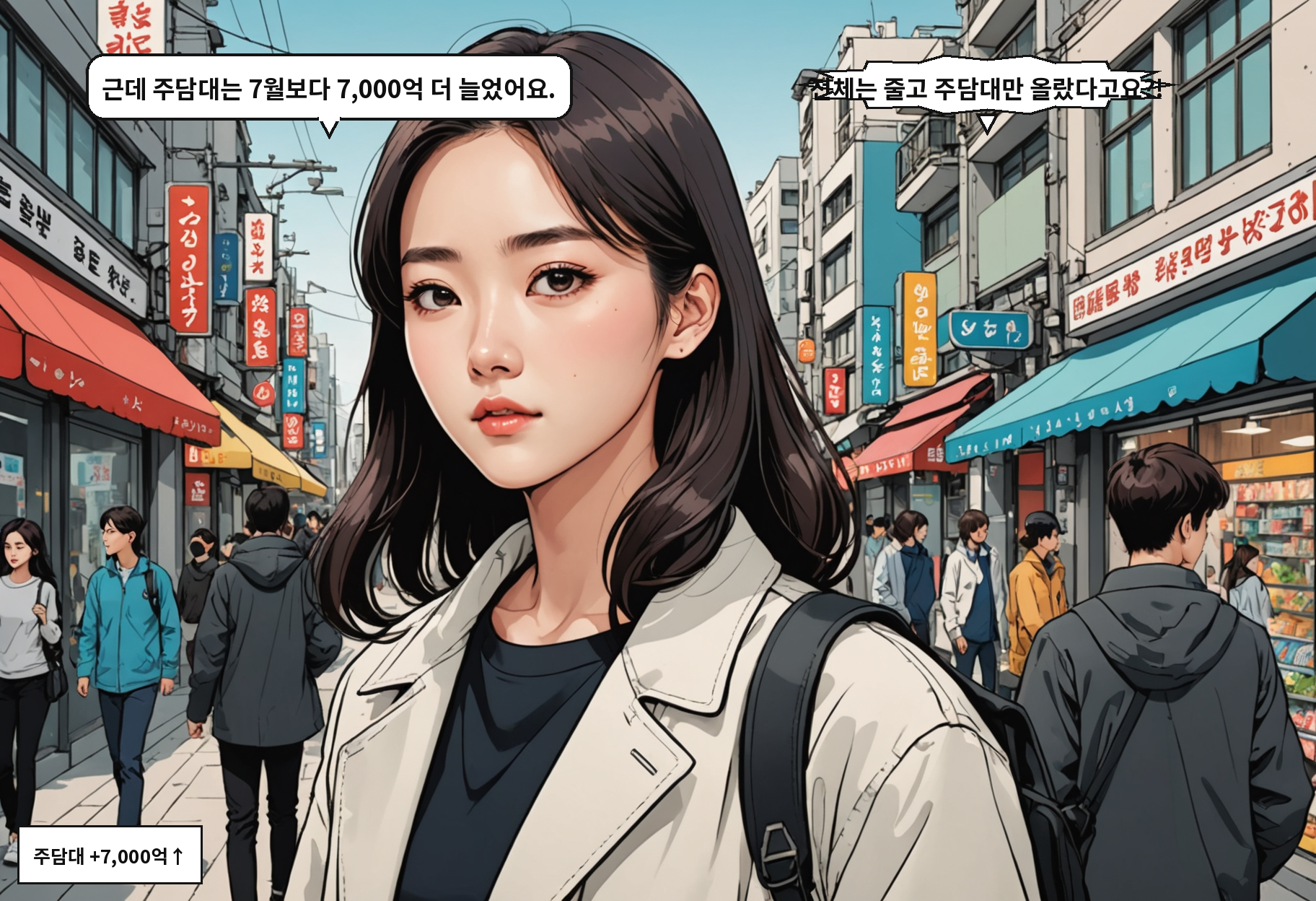 A: 그런데 주담대는 7월보다 7천억 원 더 늘었어요. B: 전체가 줄었는데 주담대만 역주행한 거예요?!