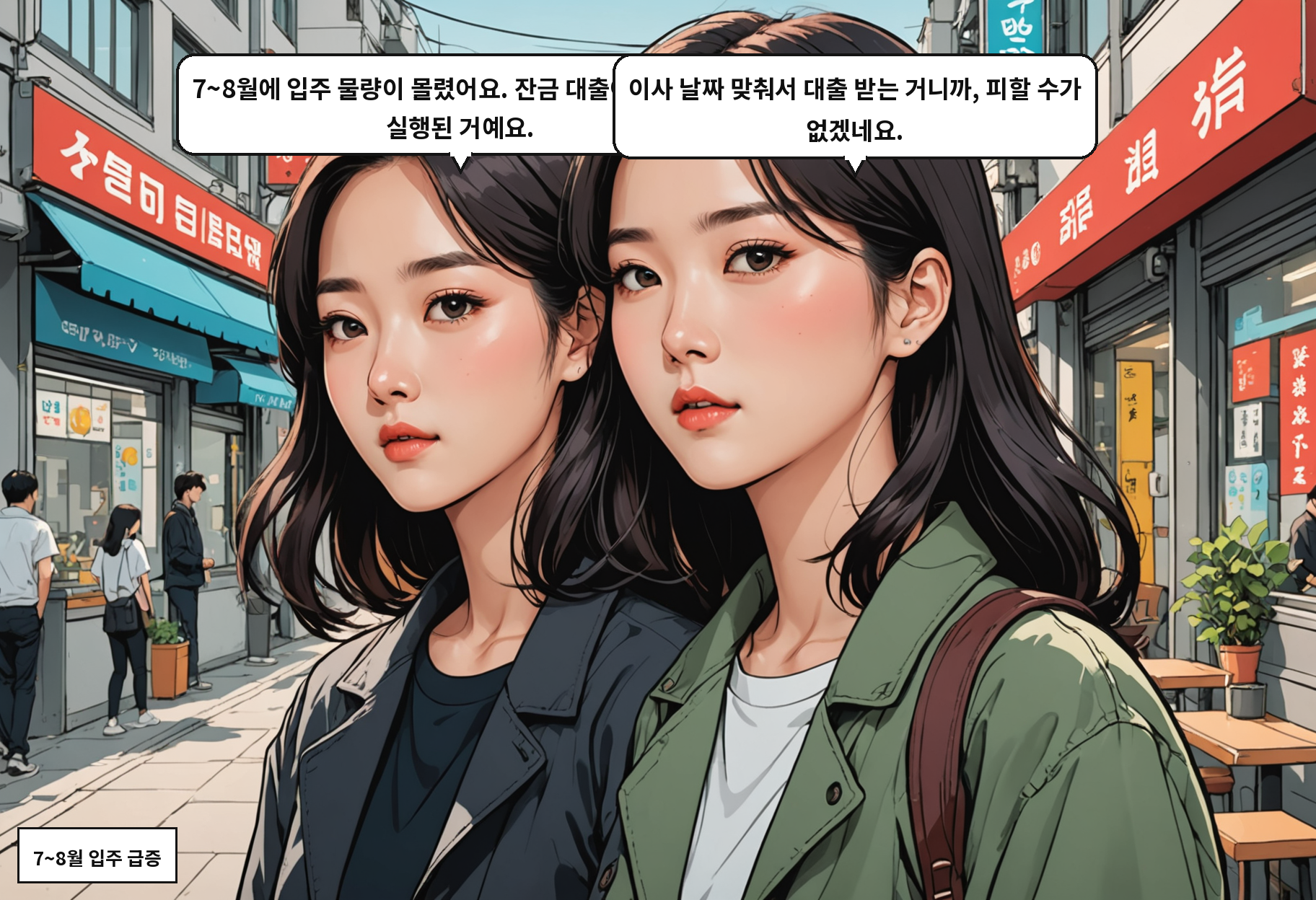 A: 7~8월에 입주 물량이 한꺼번에 쏟아졌어요. 잔금대출이 그만큼 실행된 거고요. B: 아, 이사 날짜 맞추려면 대출을 안 받을 수가 없죠.