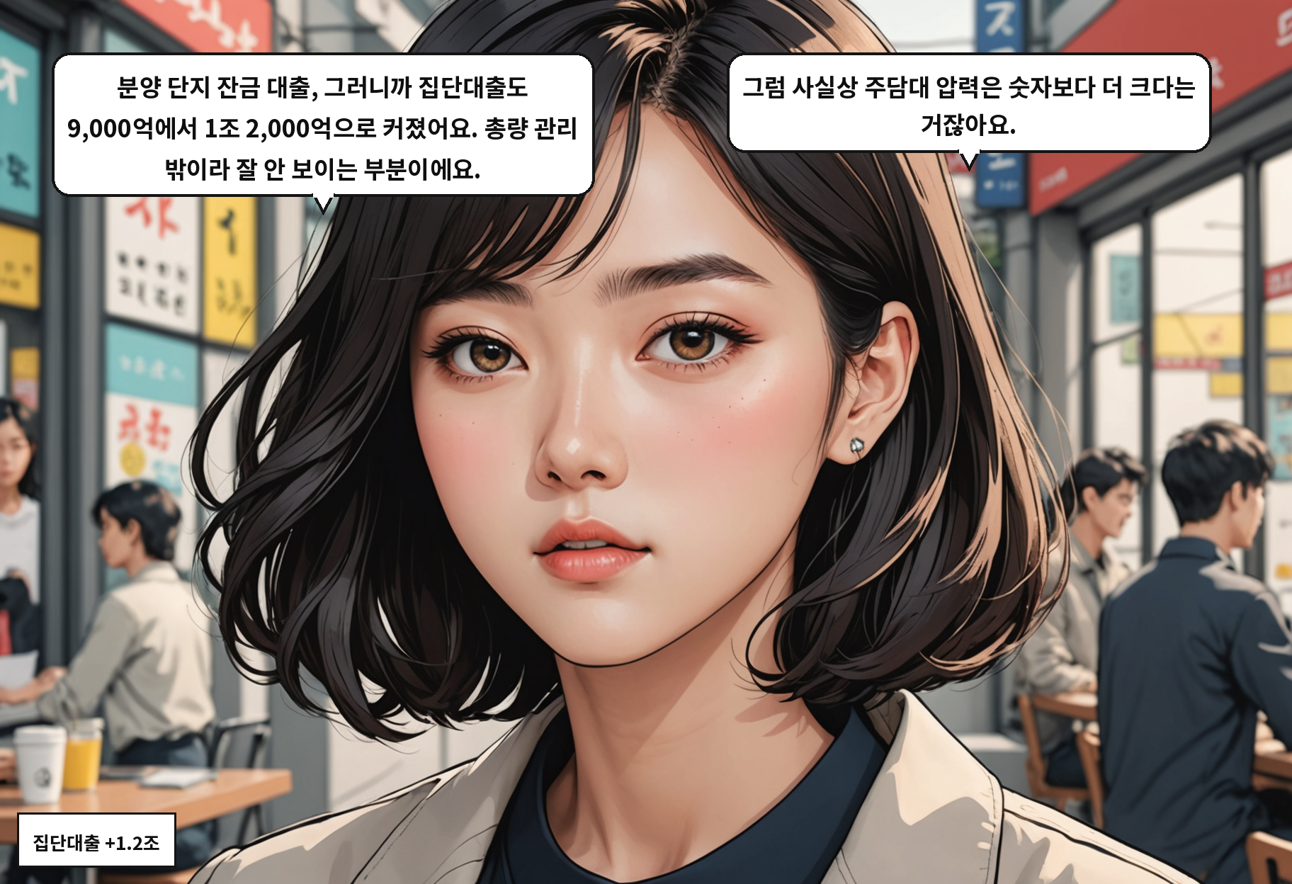 A: 주담대가 늘어도 전체가 줄어 보이는 건 신용대출이 1조 7천억 빠졌기 때문이에요. B: 그러면 주담대 증가는 아직 안 잡힌 거네요.