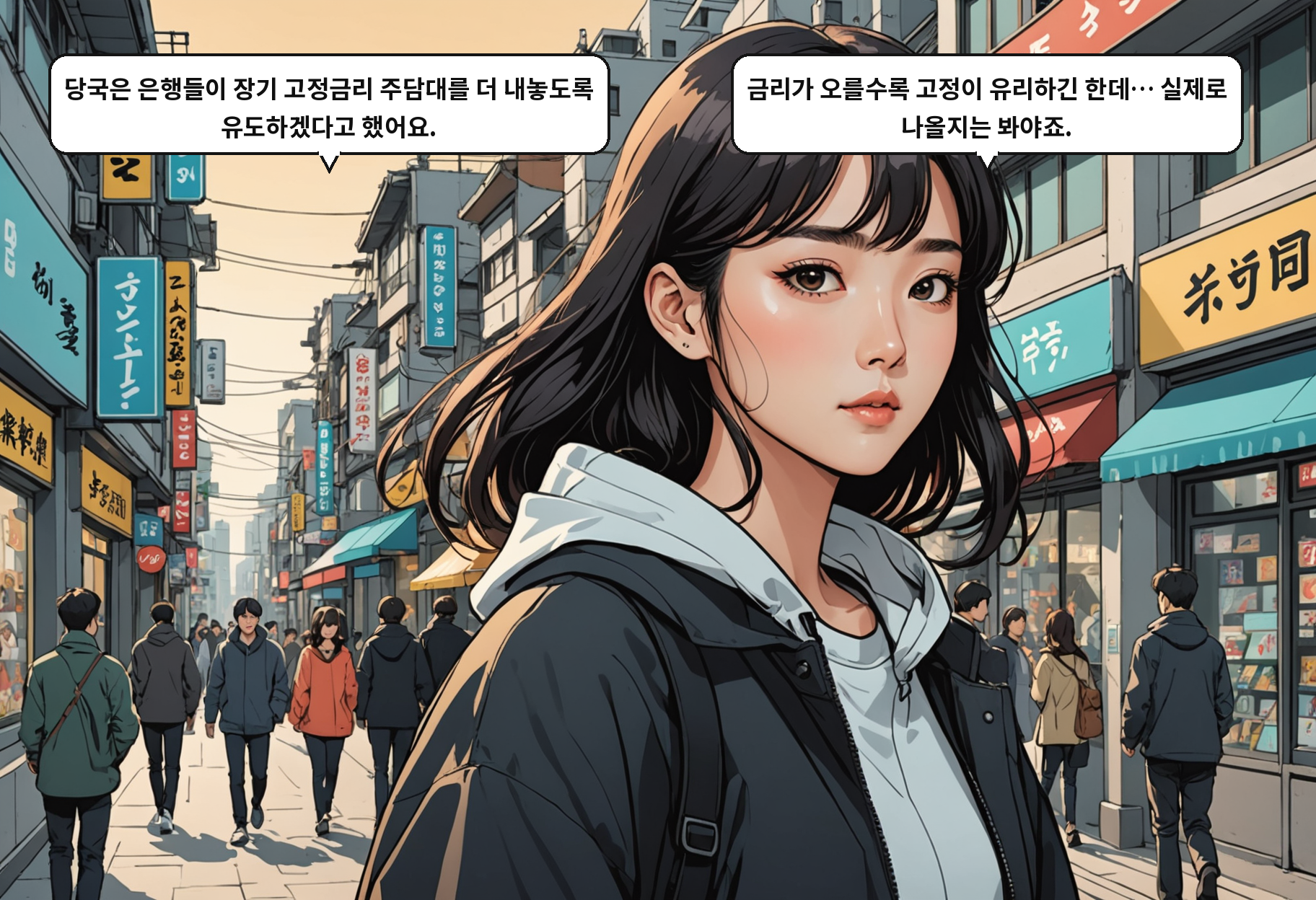 A: 당국은 장기 고정금리 주담대를 늘리도록 은행에 유도할 방침이에요. B: 금리가 오르는 시기니까, 그게 차주한테는 그나마 낫겠죠.