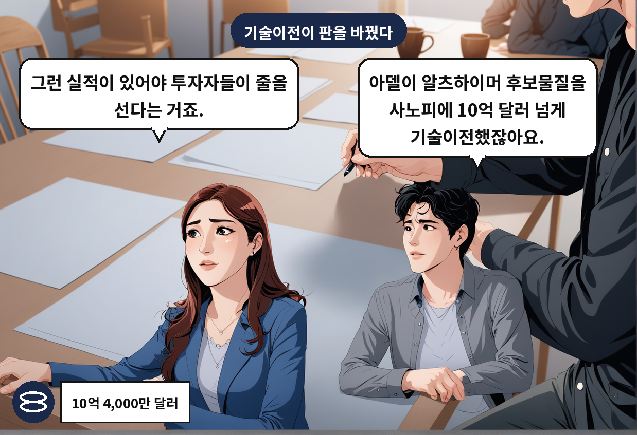 B: 아델이 알츠하이머 후보물질을 사노피에 10억 달러 넘게 기술이전했잖아요. A: 그런 실적이 있어야 투자자들이 줄을 선다는 거죠.