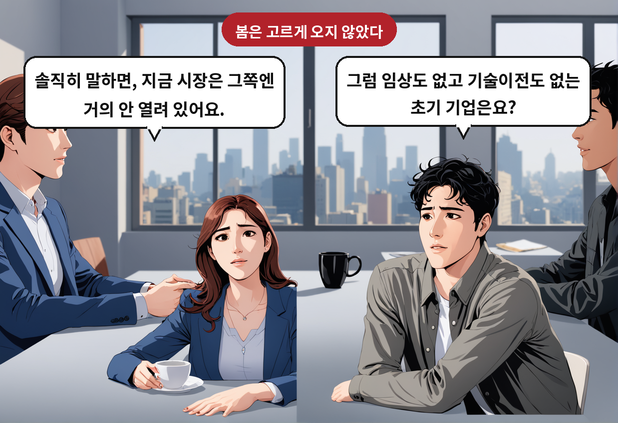 A: 그럼 임상도 없고 기술이전도 없는 초기 기업은요? B: 솔직히 말하면, 지금 시장은 그쪽엔 거의 안 열려 있어요.