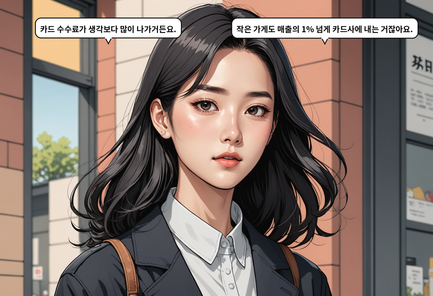 A: 카드 수수료가 생각보다 많이 나가거든요. B: 작은 가게도 매출의 1% 넘게 카드사에 내는 거잖아요.