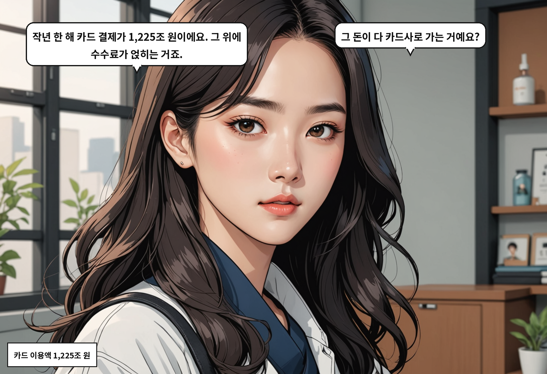 B: 작년 한 해 카드 결제가 1,225조 원이에요. 그 위에 수수료가 얹히는 거죠. A: 그 돈이 다 카드사로 가는 거예요?