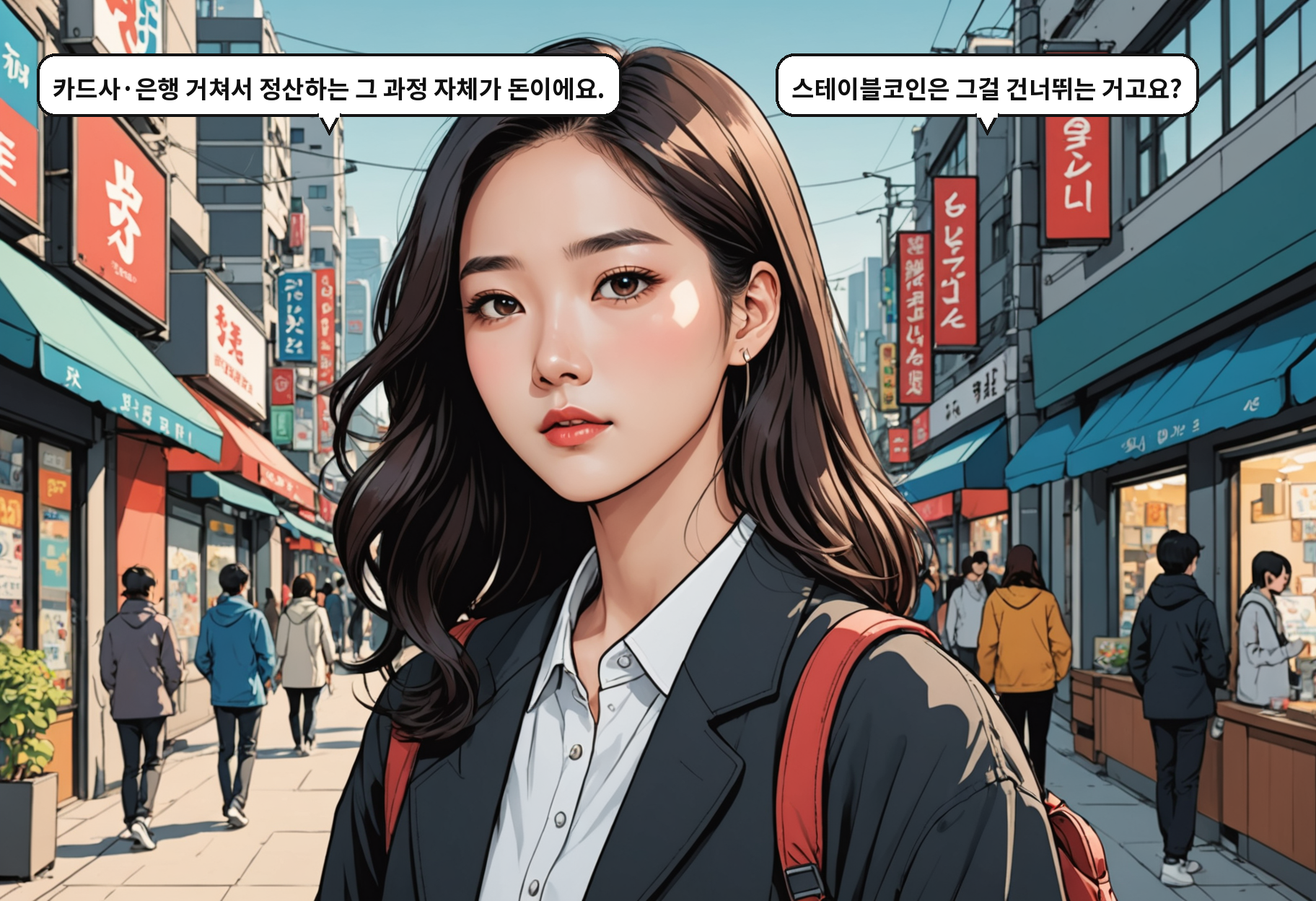 B: 카드사·은행 거쳐서 정산하는 그 과정 자체가 돈이에요. A: 스테이블코인은 그걸 건너뛰는 거고요?