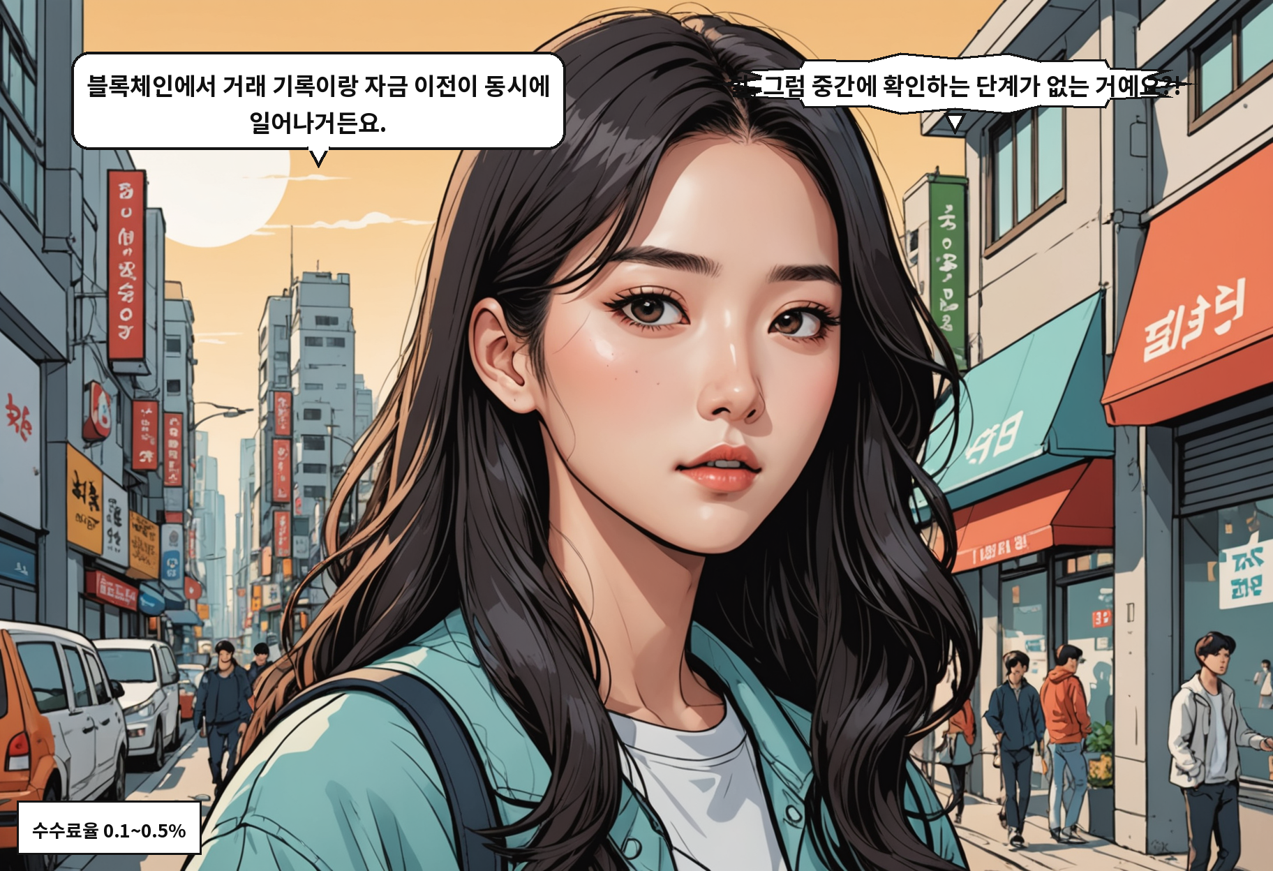 B: 블록체인에서 거래 기록이랑 자금 이전이 동시에 일어나거든요. A: 헐, 그럼 중간에 확인하는 단계가 없는 거예요?!