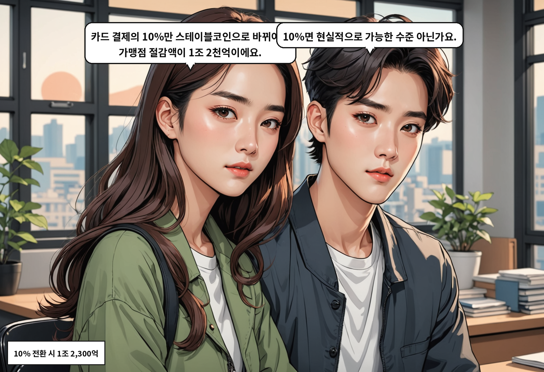 B: 카드 결제의 10%만 스테이블코인으로 바뀌어도 가맹점 절감액이 1조 2천억이에요. A: 10%면 현실적으로 가능한 수준 아닌가요.