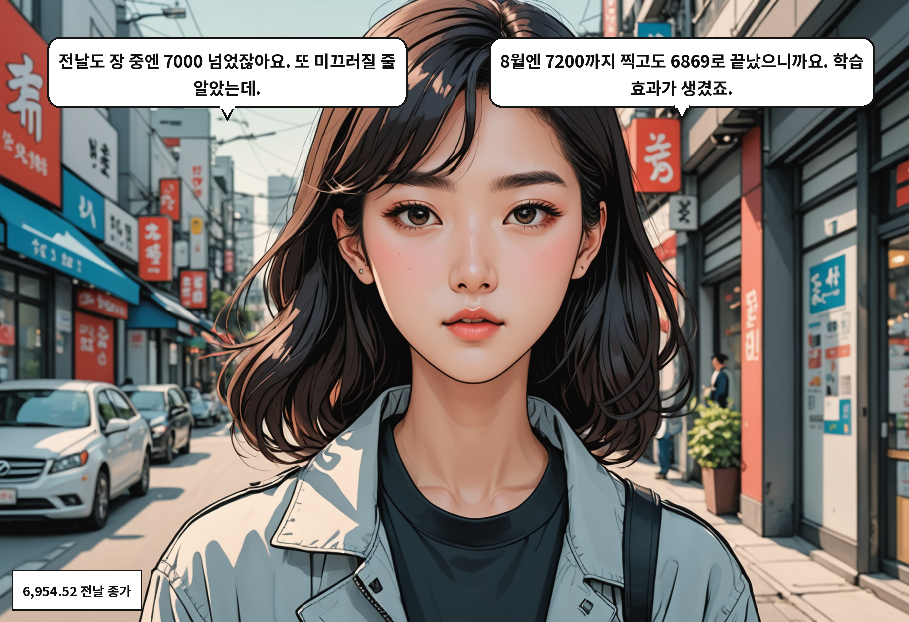 B: 전날도 장 중엔 7000 넘었잖아요. 또 미끄러질 줄 알았는데. A: 8월엔 7200까지 찍고도 6869로 끝났으니까요. 학습 효과가 생겼죠.