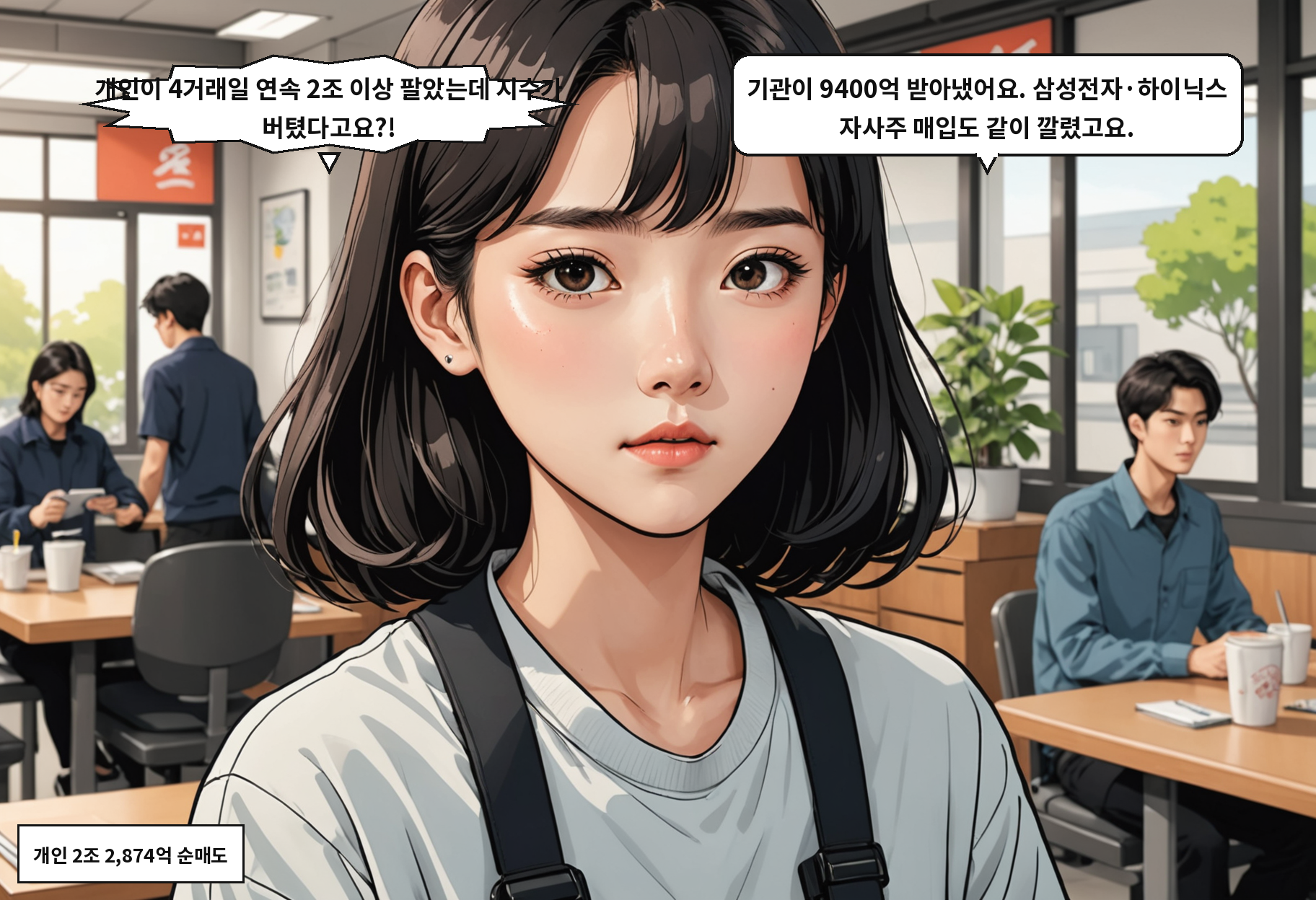 B: 개인이 4거래일 연속 2조 이상 팔았는데 지수가 버텼다고요?! A: 기관이 9400억 받아냈어요. 삼성전자·하이닉스 자사주 매입도 같이 깔렸고요.