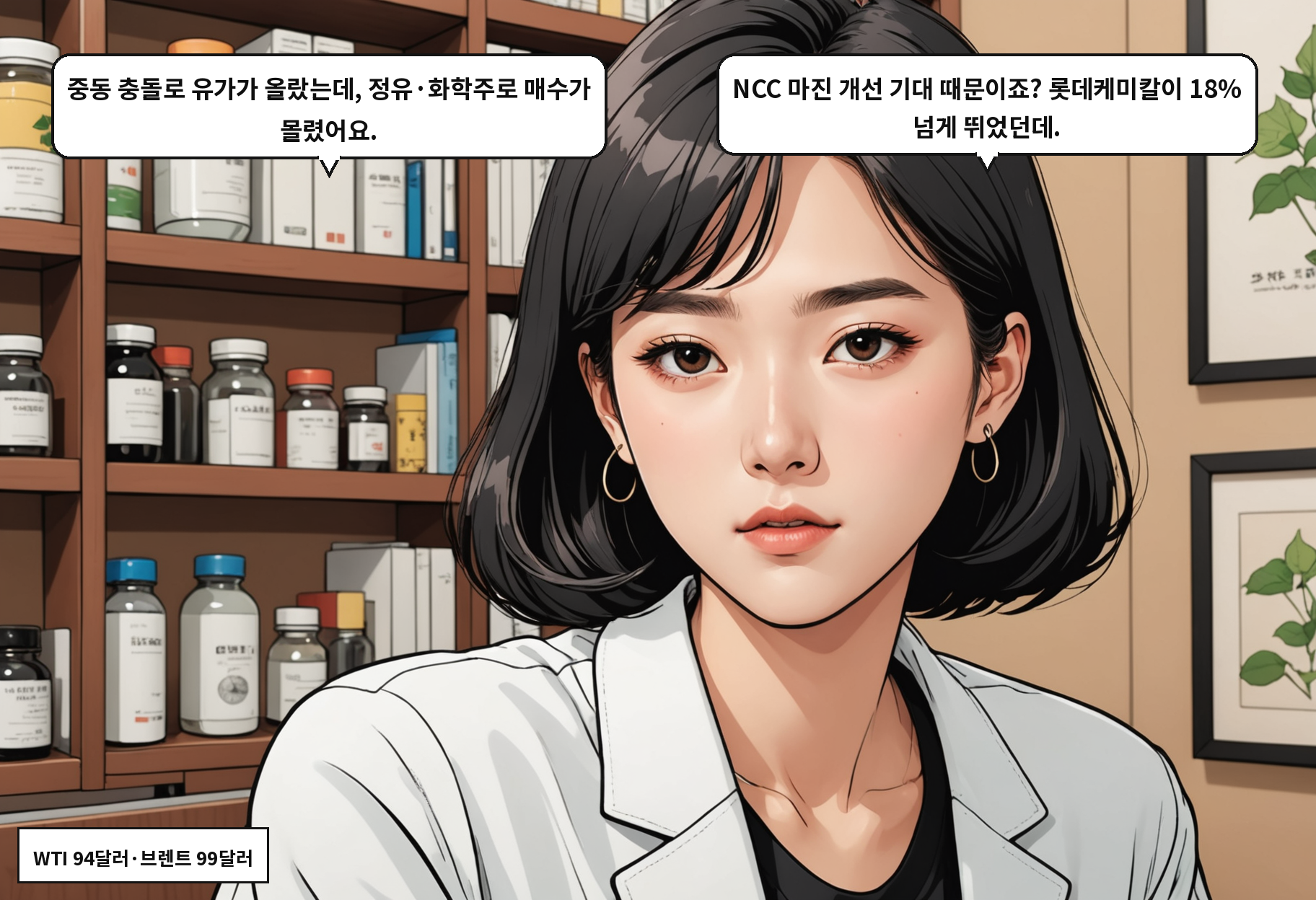 A: 중동 충돌로 유가가 올랐는데, 정유·화학주로 매수가 몰렸어요. B: NCC 마진 개선 기대 때문이죠? 롯데케미칼이 18% 넘게 뛰었던데.
