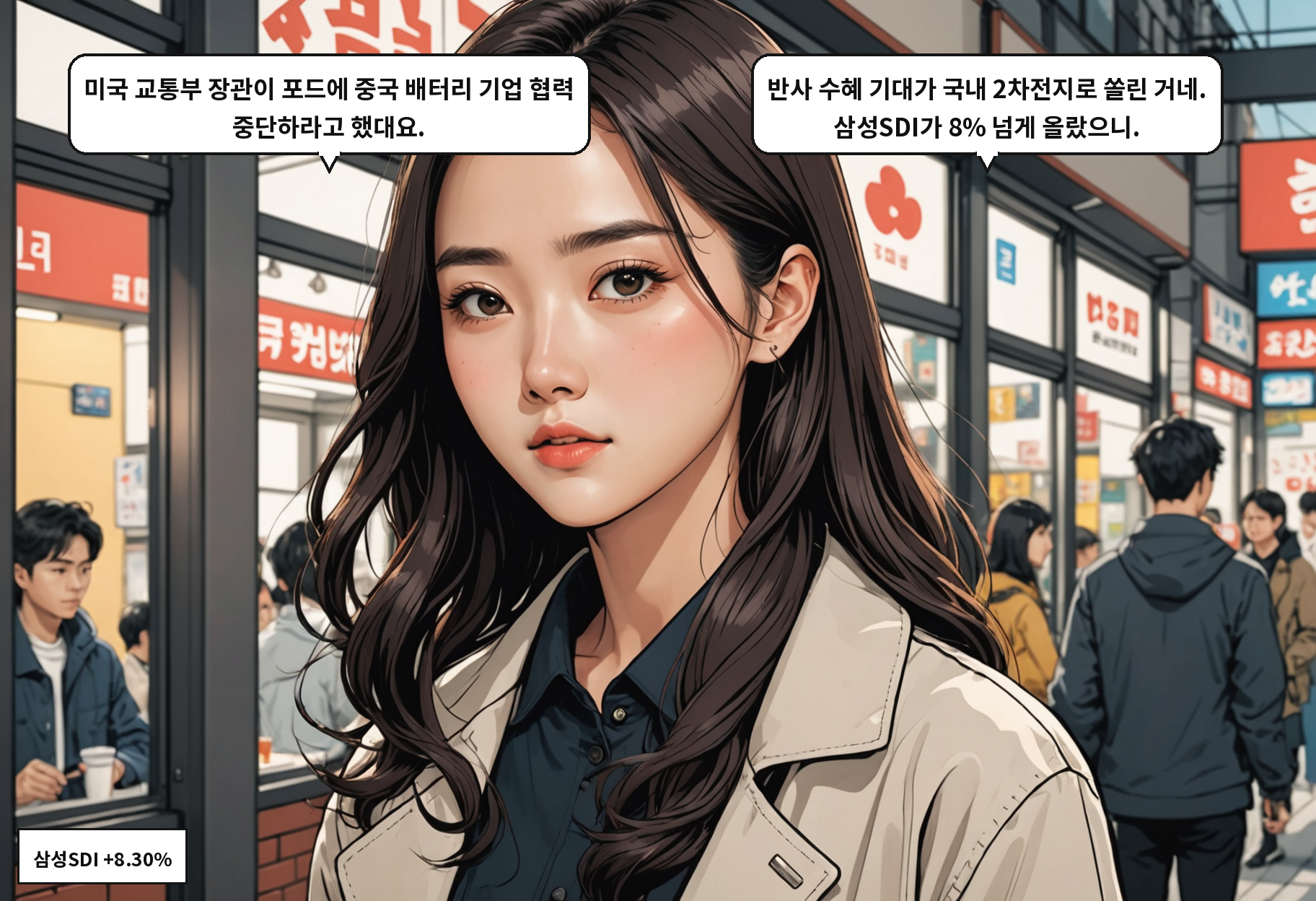 A: 미국 교통부 장관이 포드에 중국 배터리 기업 협력 중단하라고 했대요. B: 반사 수혜 기대가 국내 2차전지로 쏠린 거네. 삼성SDI가 8% 넘게 올랐으니.