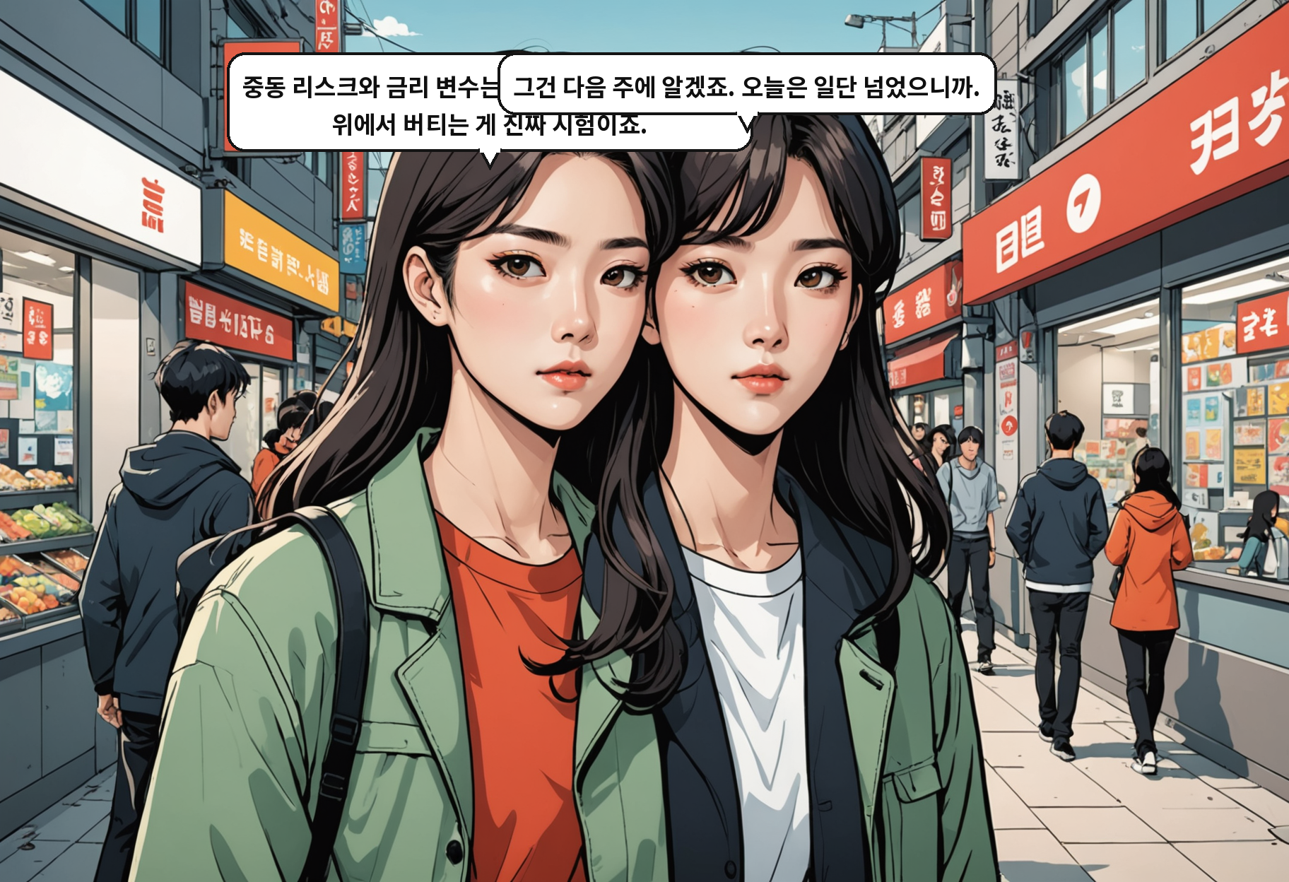 A: 중동 리스크와 금리 변수는 아직 살아있어요. 7000 위에서 버티는 게 진짜 시험이죠. B: 그건 다음 주에 알겠죠. 오늘은 일단 넘었으니까.