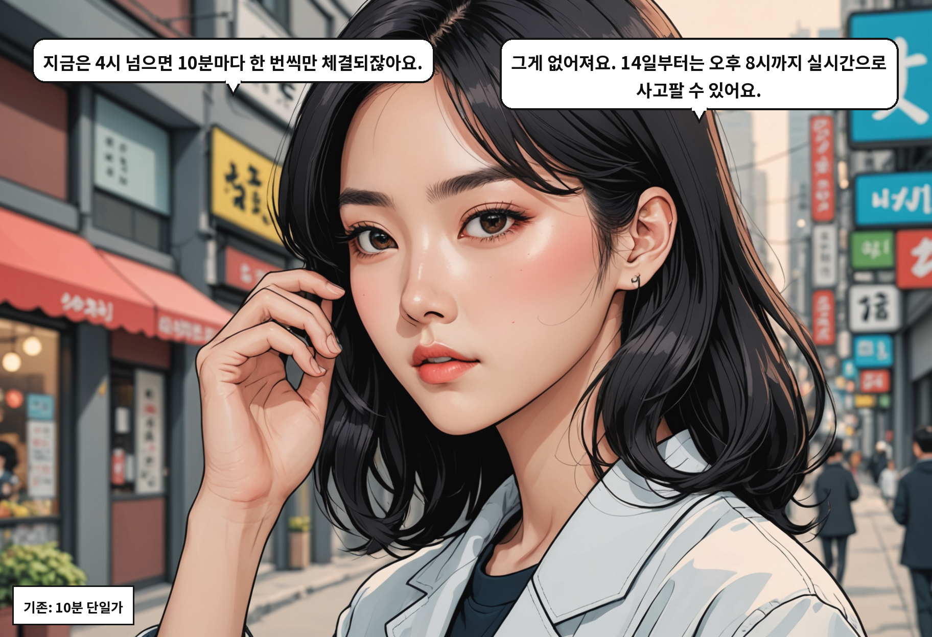 B: 지금은 4시 넘으면 10분마다 한 번씩만 체결되잖아요. A: 그게 없어져요. 14일부터는 오후 8시까지 실시간으로 사고팔 수 있어요.