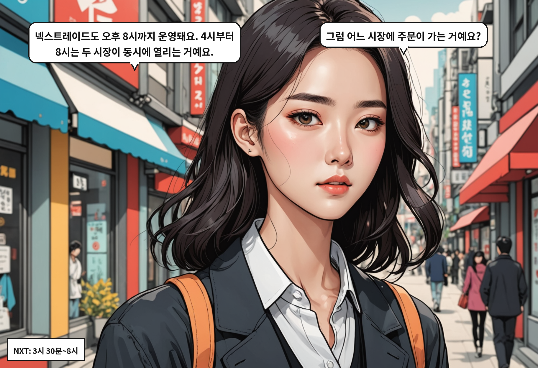 A: 넥스트레이드도 오후 8시까지 운영돼요. 4시부터 8시는 두 시장이 동시에 열리는 거예요. B: 그럼 어느 시장에 주문이 가는 거예요?