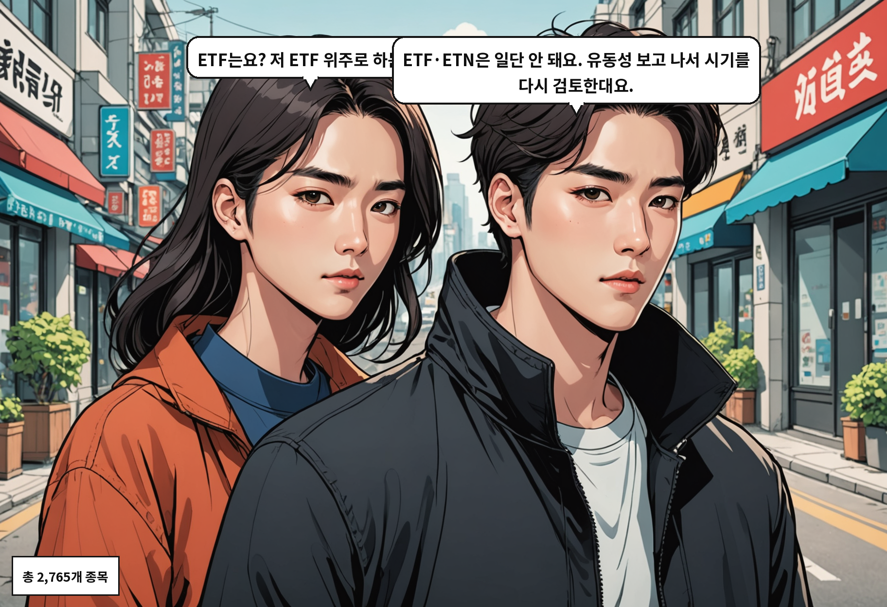 B: ETF는요? 저 ETF 위주로 하는데. A: ETF·ETN은 일단 안 돼요. 유동성 보고 나서 시기를 다시 검토한대요.