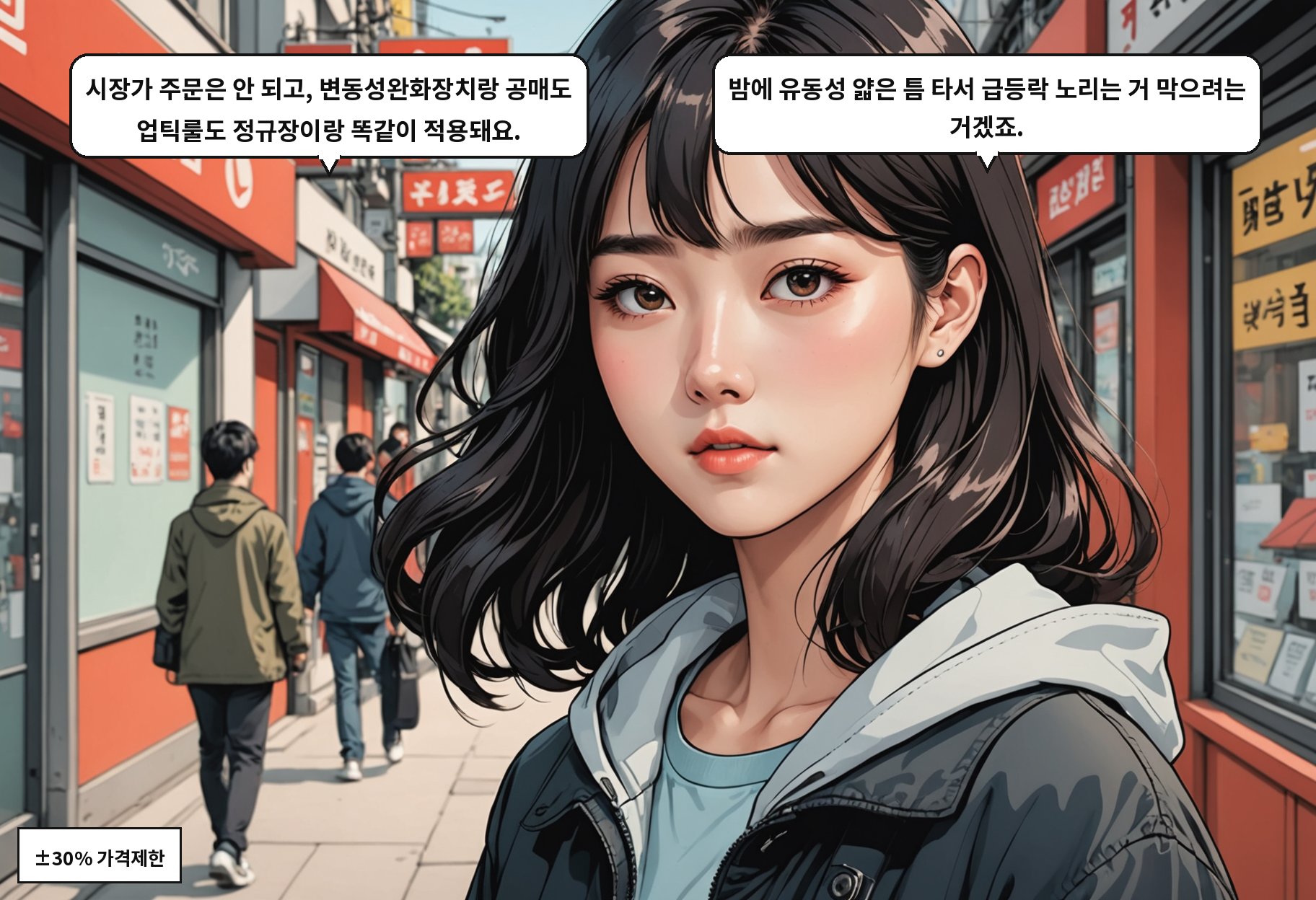 A: 시장가 주문은 안 되고, 변동성완화장치랑 공매도 업틱룰도 정규장이랑 똑같이 적용돼요. B: 밤에 유동성 얇은 틈 타서 급등락 노리는 거 막으려는 거겠죠.
