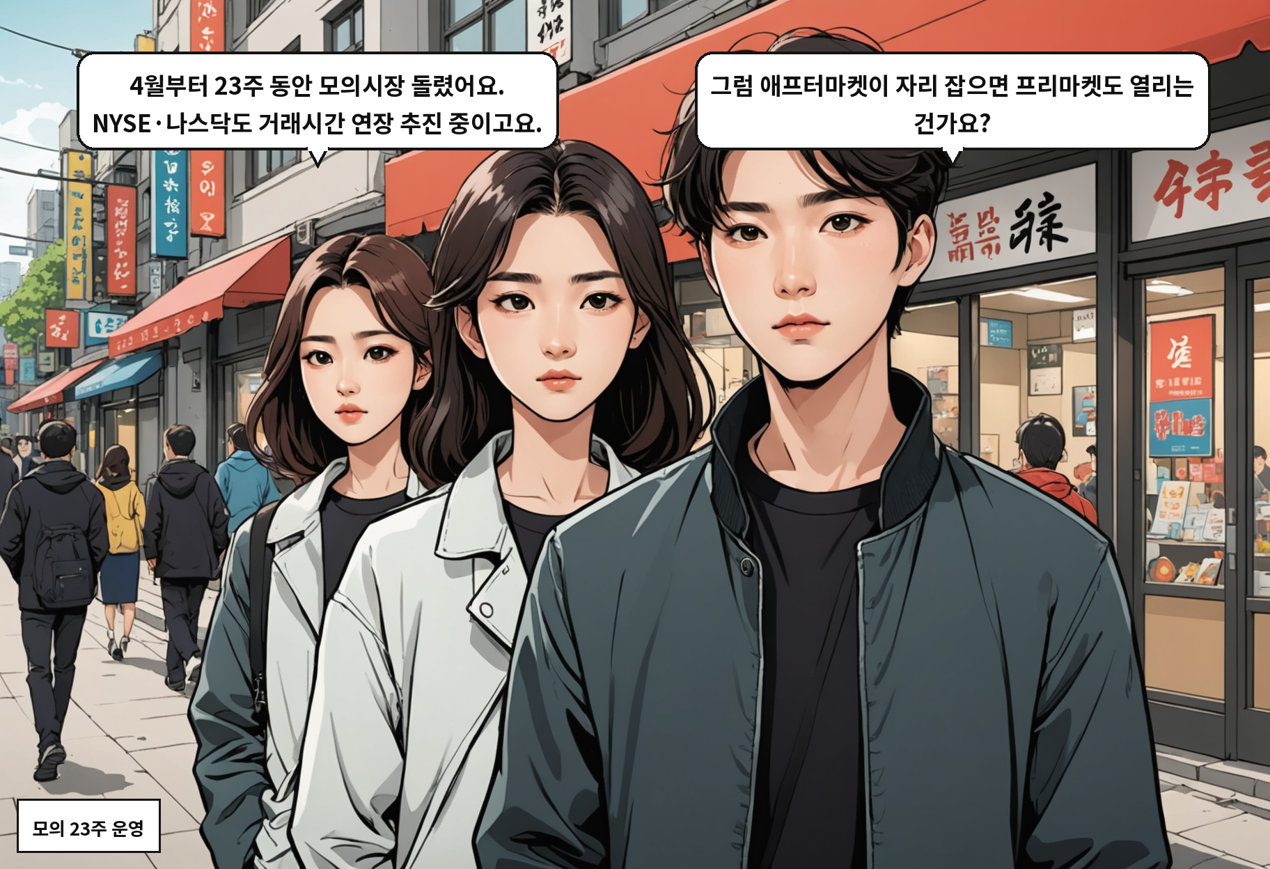 A: 4월부터 23주 동안 모의시장 돌렸어요. NYSE·나스닥도 거래시간 연장 추진 중이고요. B: 그럼 애프터마켓이 자리 잡으면 프리마켓도 열리는 건가요?