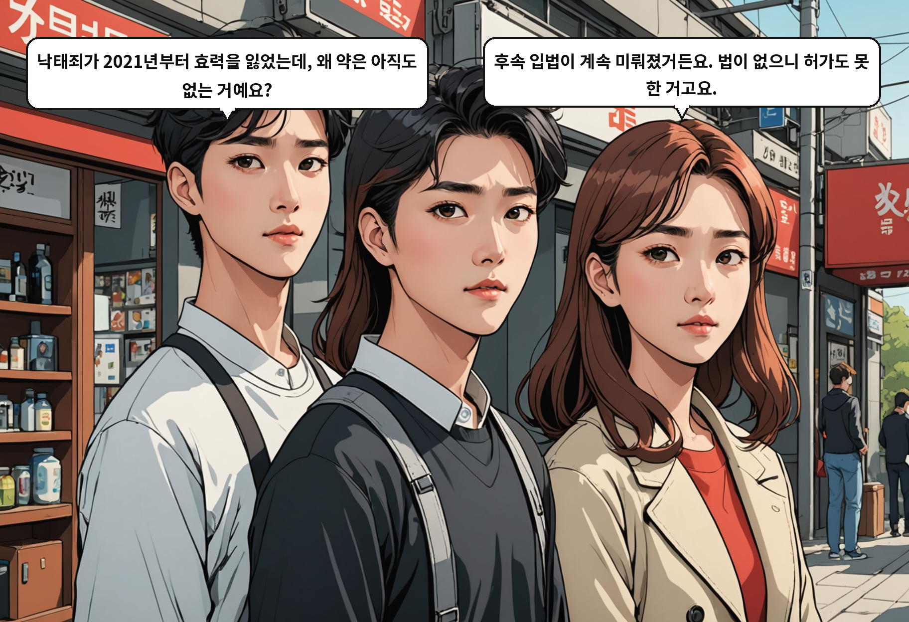 B: 낙태죄가 2021년부터 효력을 잃었는데, 왜 약은 아직도 없는 거예요? A: 후속 입법이 계속 미뤄졌거든요. 법이 없으니 허가도 못 한 거고요.