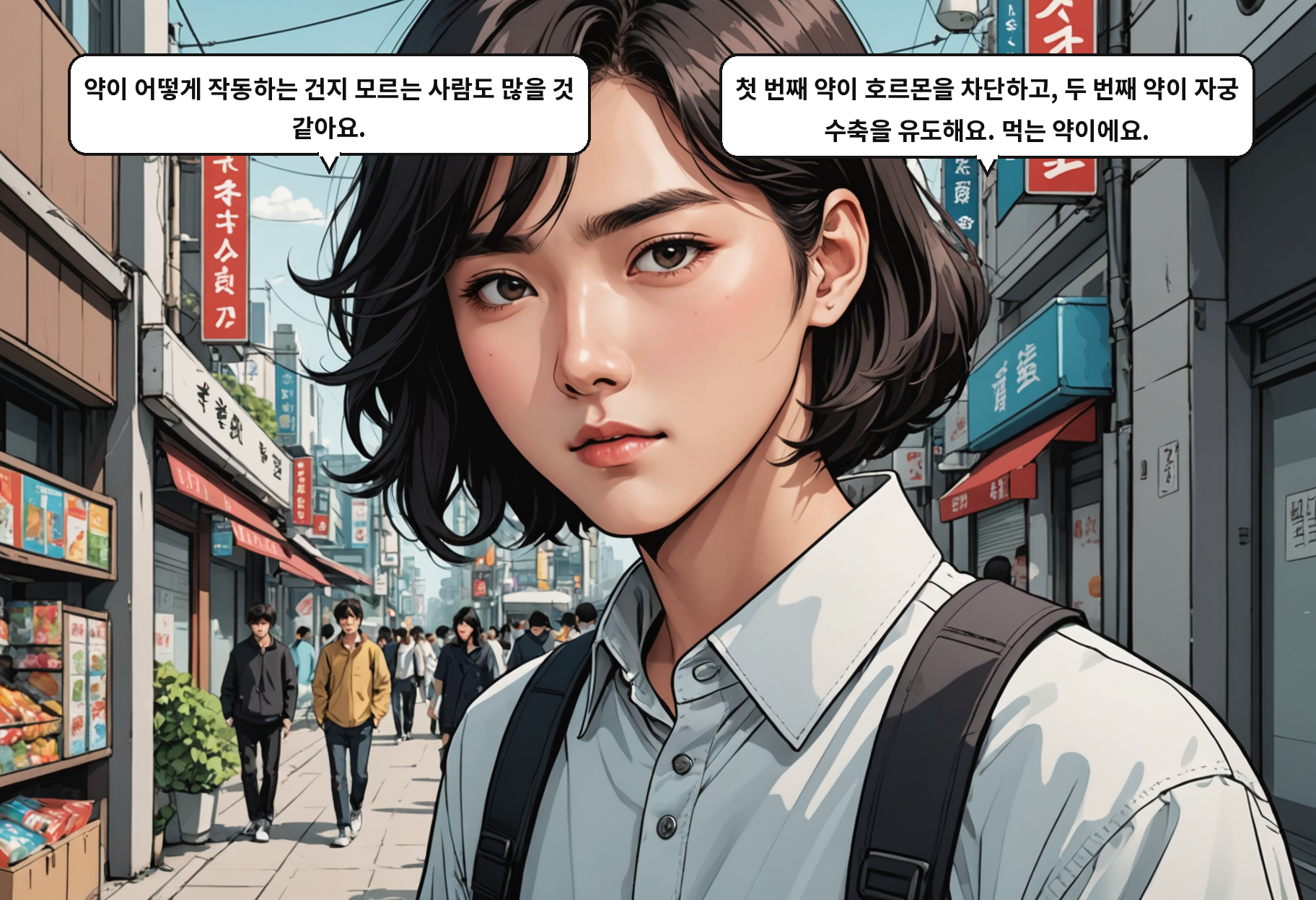 B: 약이 어떻게 작동하는 건지 모르는 사람도 많을 것 같아요. A: 첫 번째 약이 호르몬을 차단하고, 두 번째 약이 자궁 수축을 유도해요. 먹는 약이에요.