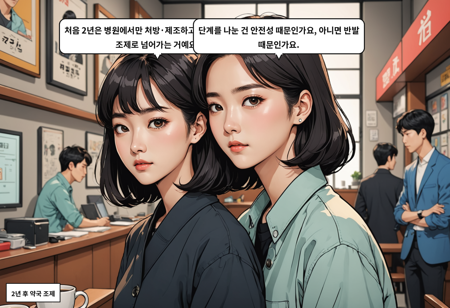 A: 처음 2년은 병원에서만 처방·제조하고, 그 다음에 약국 조제로 넘어가는 거예요. B: 단계를 나눈 건 안전성 때문인가요, 아니면 반발 때문인가요.