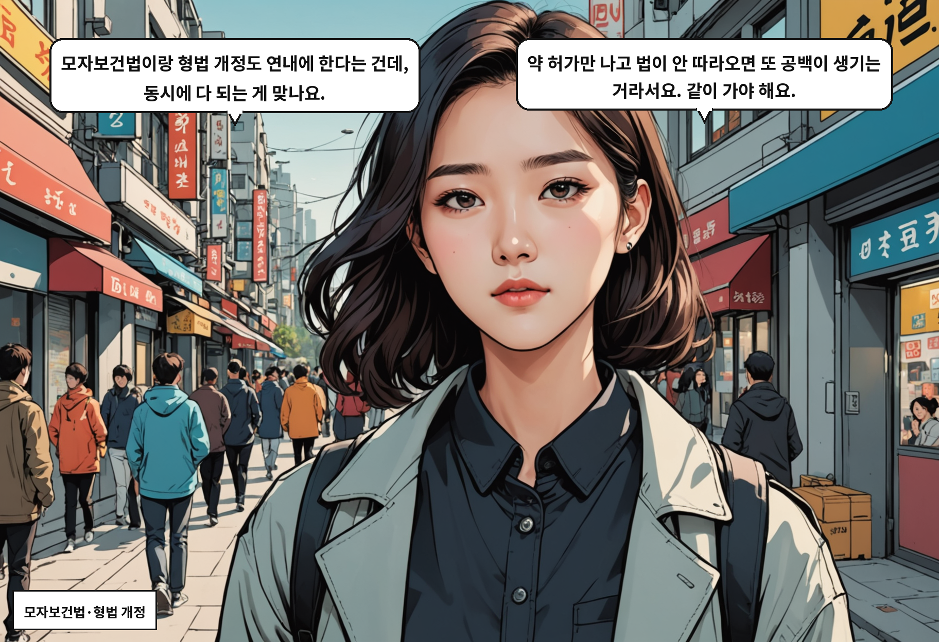 B: 모자보건법이랑 형법 개정도 연내에 한다는 건데, 동시에 다 되는 게 맞나요. A: 약 허가만 나고 법이 안 따라오면 또 공백이 생기는 거라서요. 같이 가야 해요.
