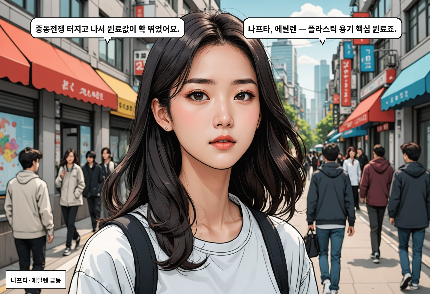 A: 중동 전쟁 터지고 나서 원료값이 한 번에 올랐어요. B: 근데 납품단가는 그대로였죠?