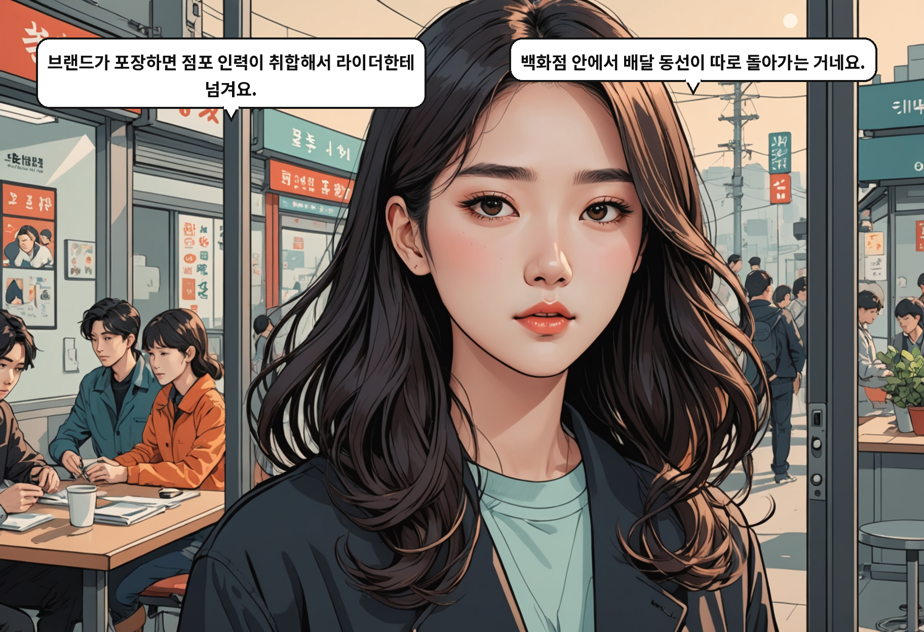 B: 브랜드가 포장하면 점포 인력이 취합해서 라이더한테 넘겨요. A: 백화점 안에서 배달 동선이 따로 돌아가는 거네요.