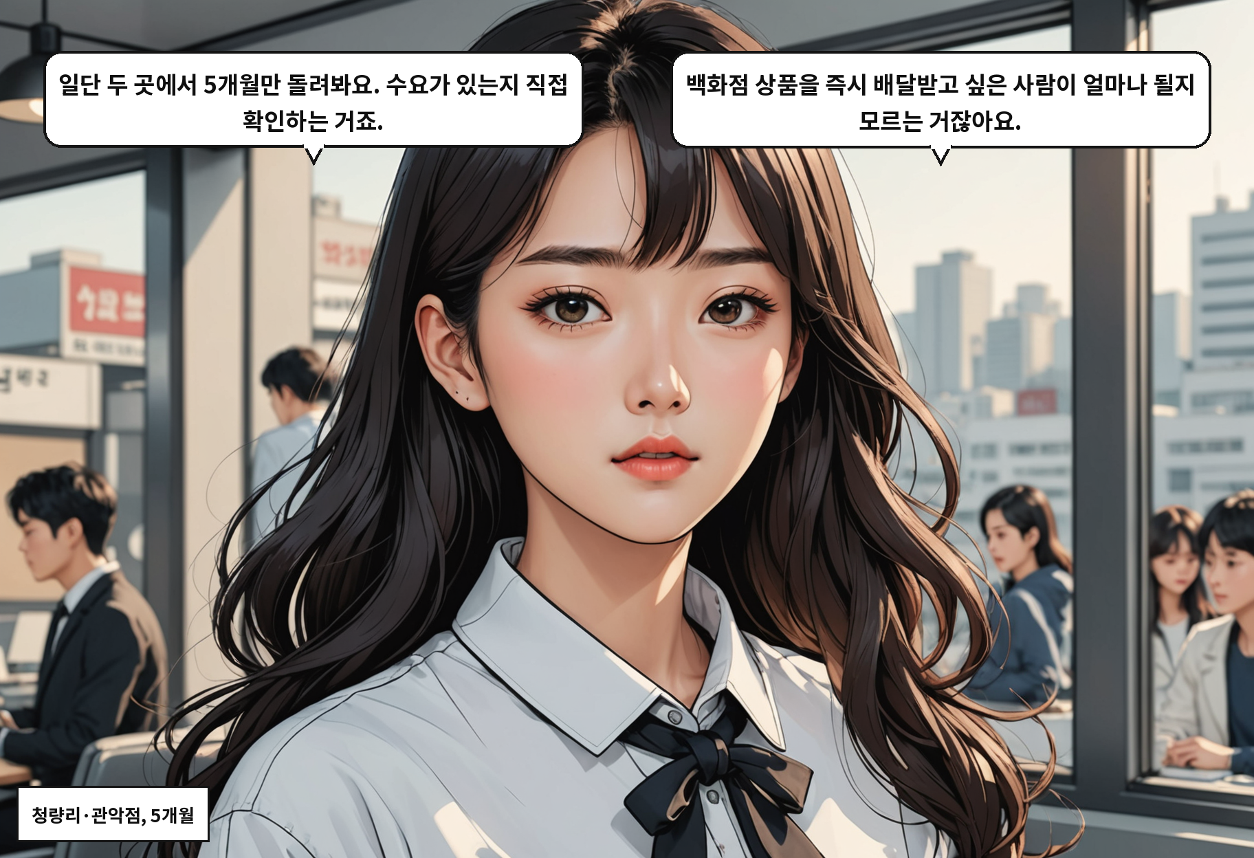 B: 일단 두 곳에서 5개월만 돌려봐요. 수요가 있는지 직접 확인하는 거죠. A: 백화점 상품을 즉시 배달받고 싶은 사람이 얼마나 될지 모르는 거잖아요.