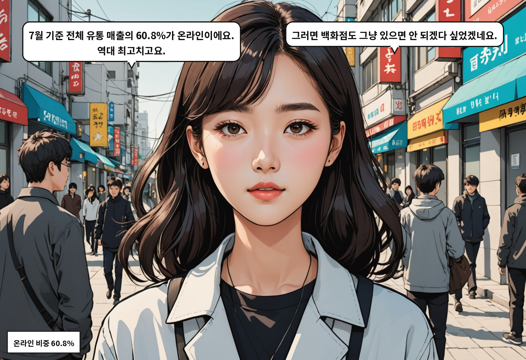 B: 7월 기준 전체 유통 매출의 60.8%가 온라인이에요. 역대 최고치고요. A: 그러면 백화점도 그냥 있으면 안 되겠다 싶었겠네요.