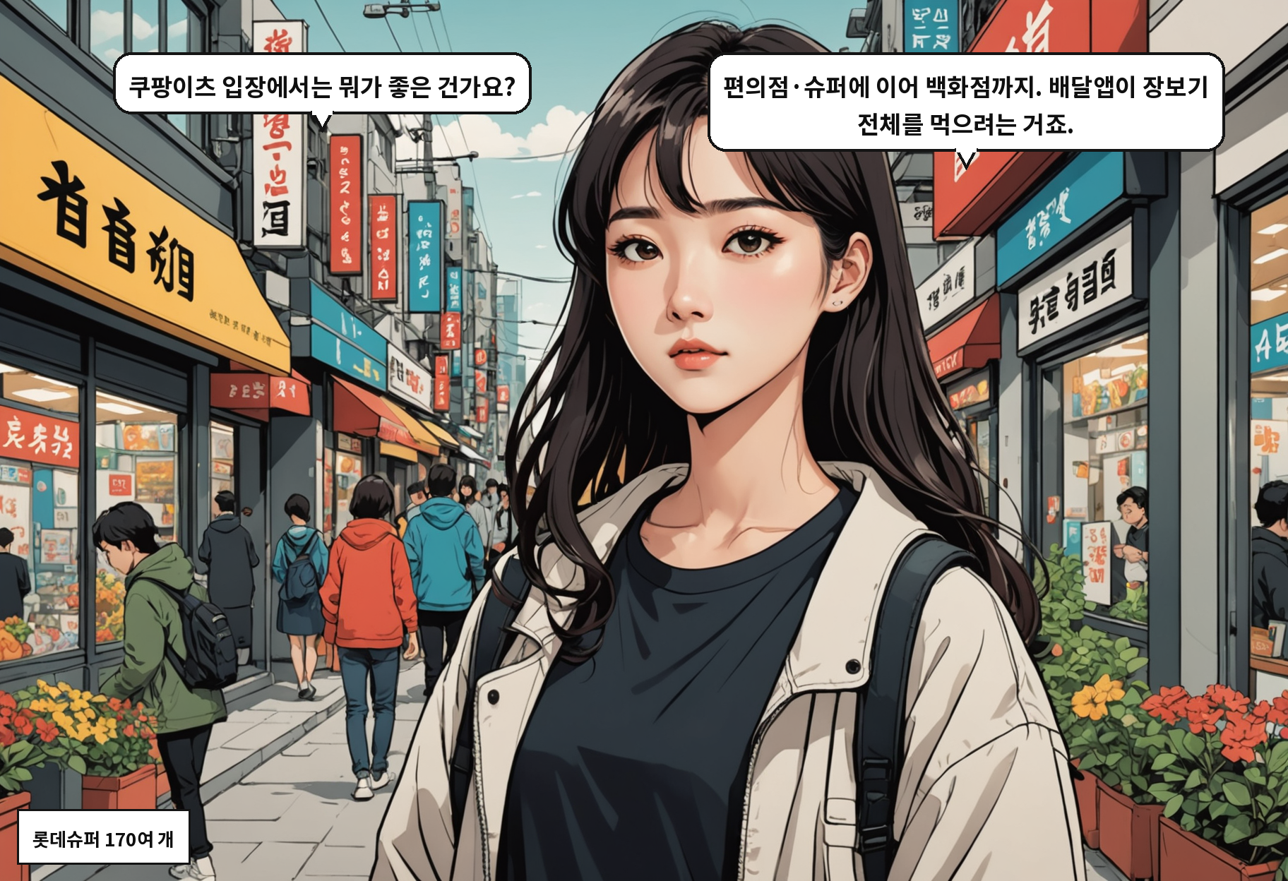 A: 쿠팡이츠 입장에서는 뭐가 좋은 건가요? B: 편의점·슈퍼에 이어 백화점까지. 배달앱이 장보기 전체를 먹으려는 거죠.
