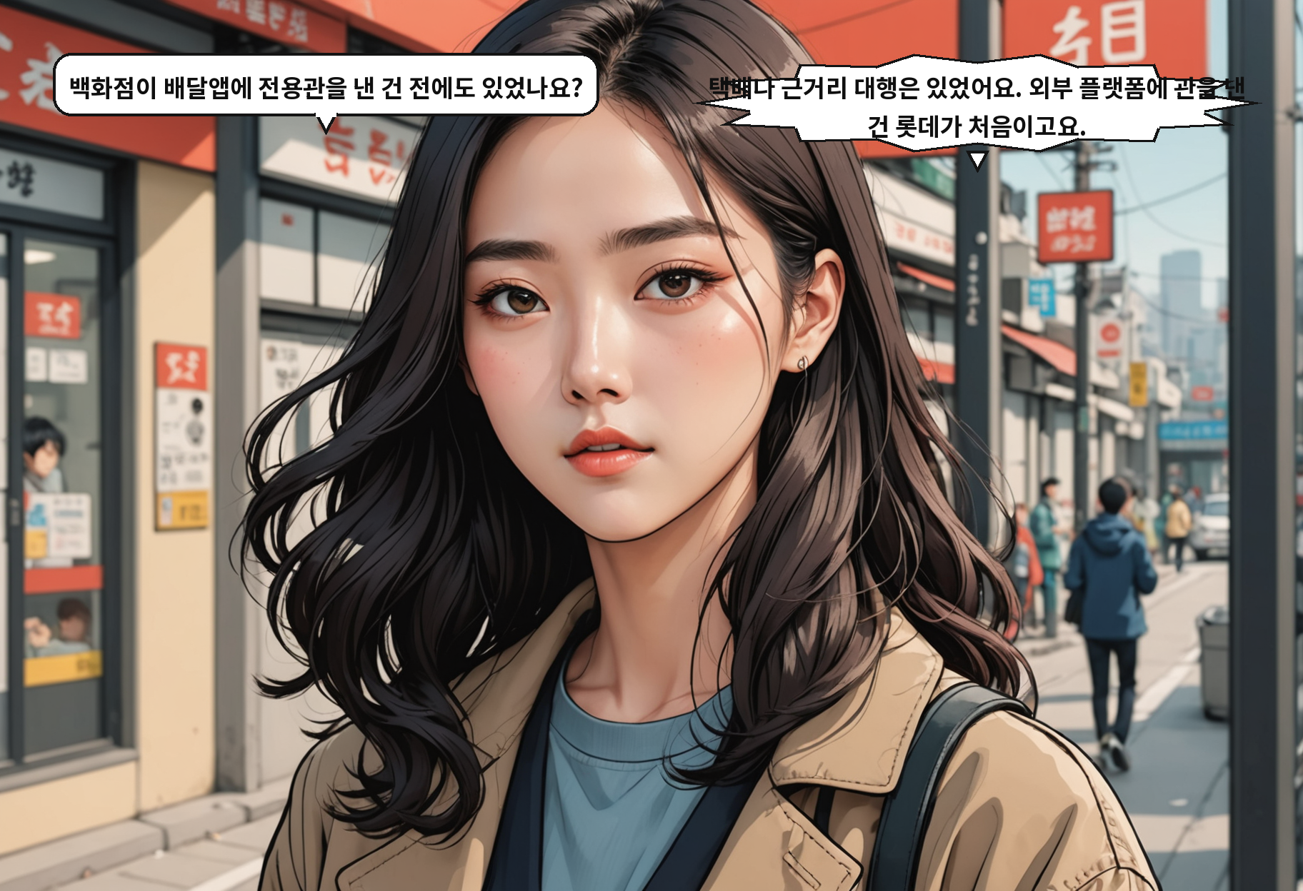 A: 백화점이 배달앱에 전용관을 낸 건 전에도 있었나요? B: 택배나 근거리 대행은 있었어요. 외부 플랫폼에 관을 낸 건 롯데가 처음이고요.