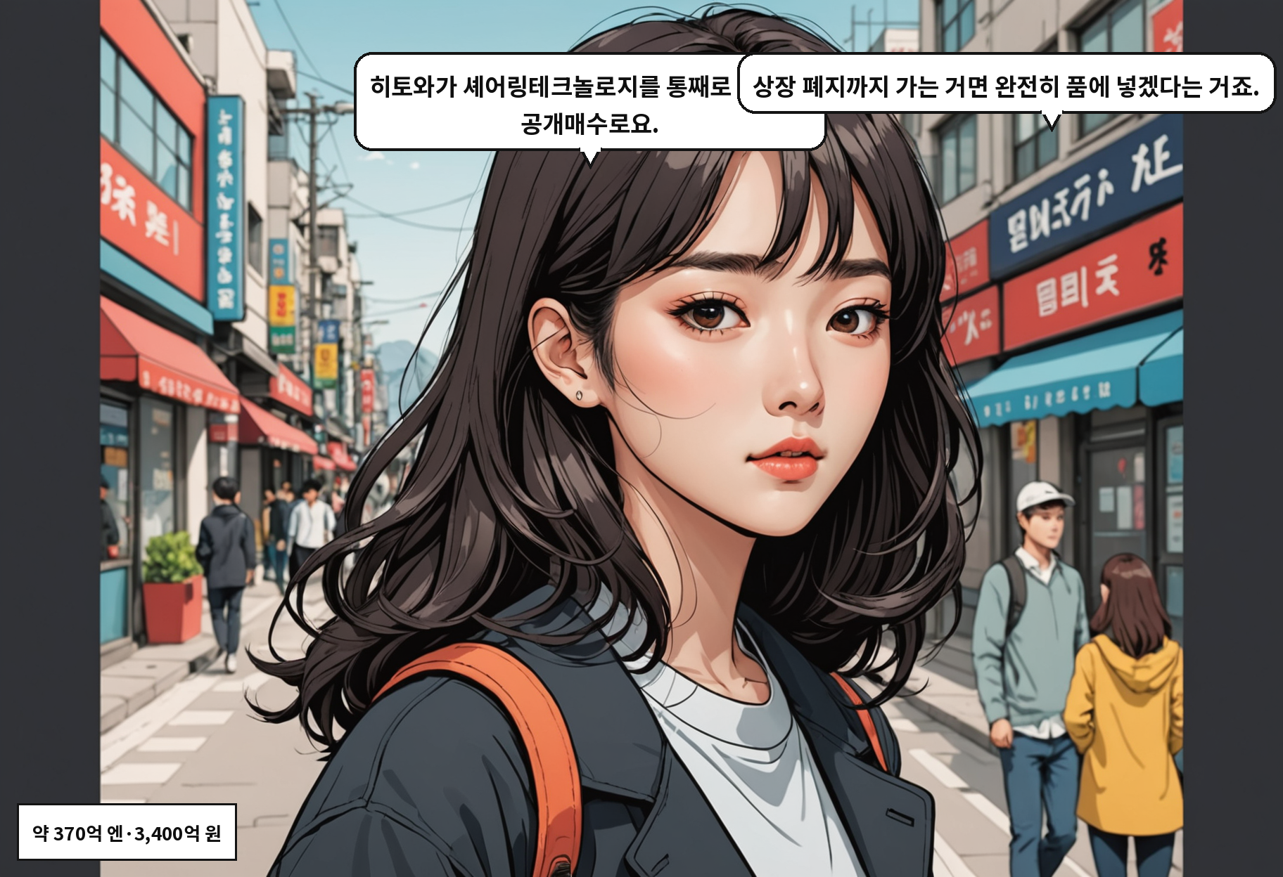 A: 히토와가 셰어링테크놀로지를 통째로 산대요. 공개매수로요. B: 상장 폐지까지 가는 거면 완전히 품에 넣겠다는 거죠.