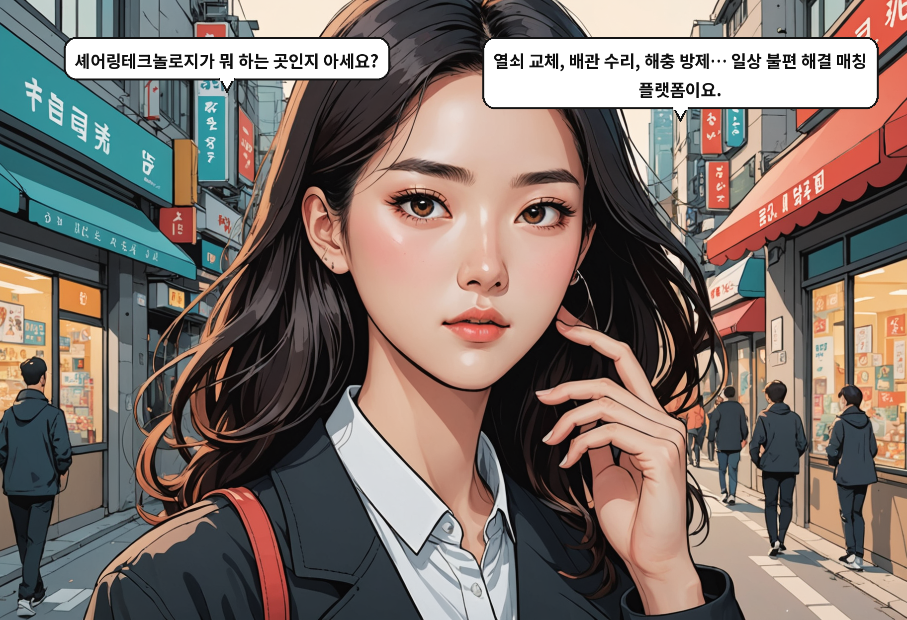 B: 셰어링테크놀로지가 뭐 하는 곳인지 아세요? A: 열쇠 교체, 배관 수리, 해충 방제… 일상 불편 해결 매칭 플랫폼이요.