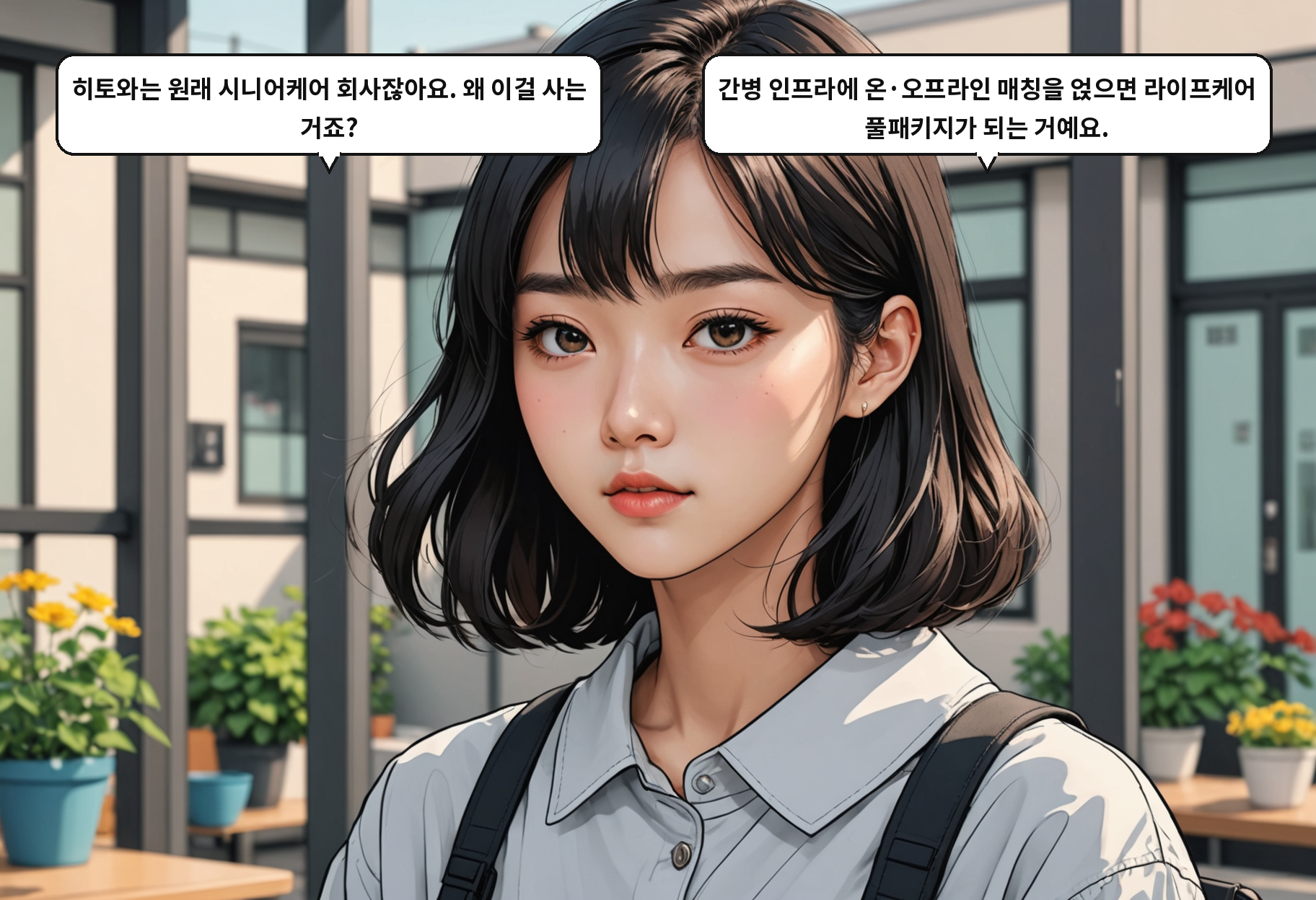 A: 히토와는 원래 시니어케어 회사잖아요. 왜 이걸 사는 거죠? B: 간병 인프라에 온·오프라인 매칭을 얹으면 라이프케어 풀패키지가 되는 거예요.