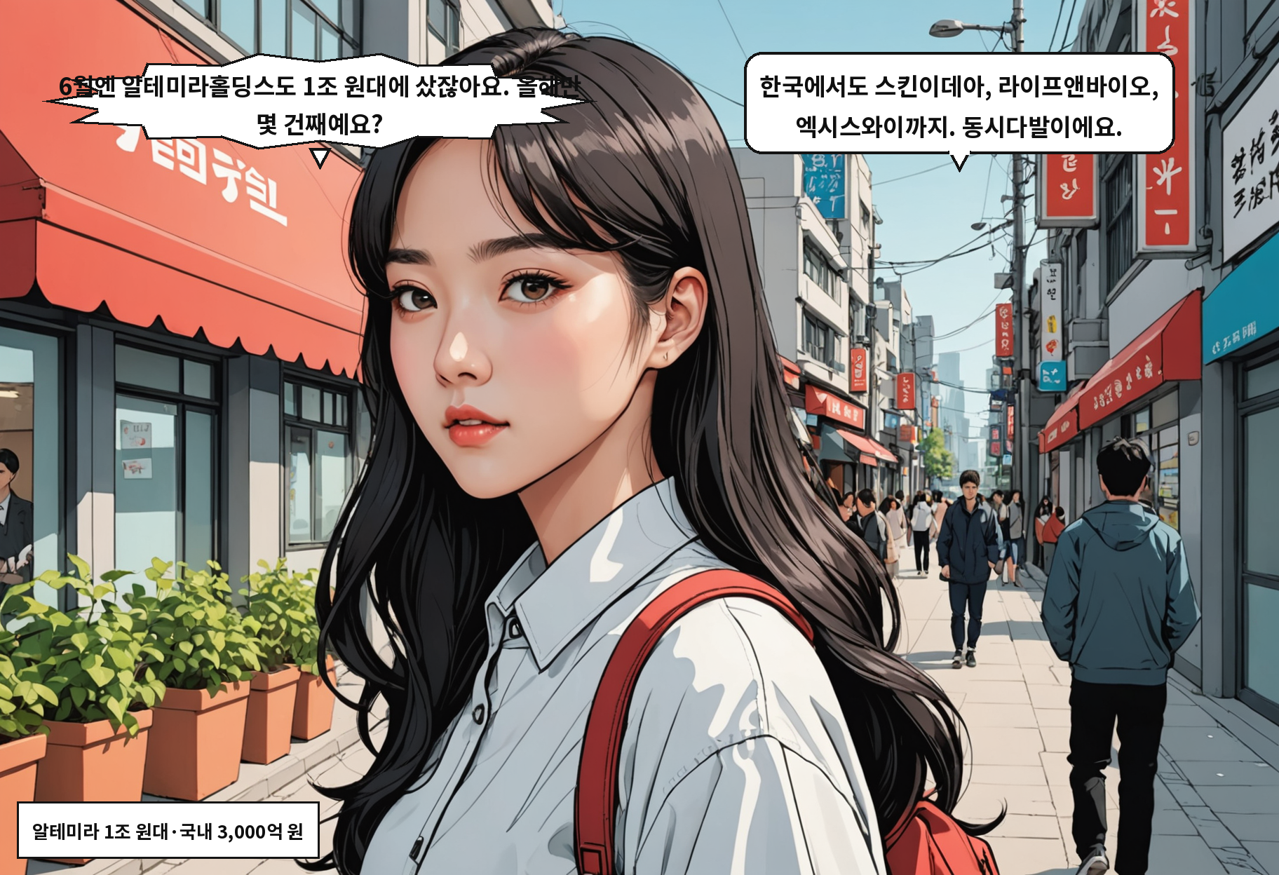A: 6월엔 알테미라홀딩스도 1조 원대에 샀잖아요. 올해만 몇 건째예요? B: 한국에서도 스킨이데아, 라이프앤바이오, 엑시스와이까지. 동시다발이에요.