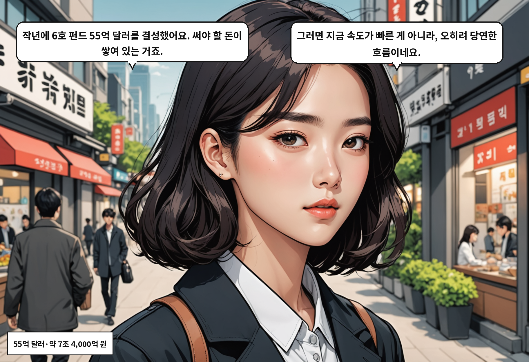 B: 작년에 6호 펀드 55억 달러를 결성했어요. 써야 할 돈이 쌓여 있는 거죠. A: 그러면 지금 속도가 빠른 게 아니라, 오히려 당연한 흐름이네요.