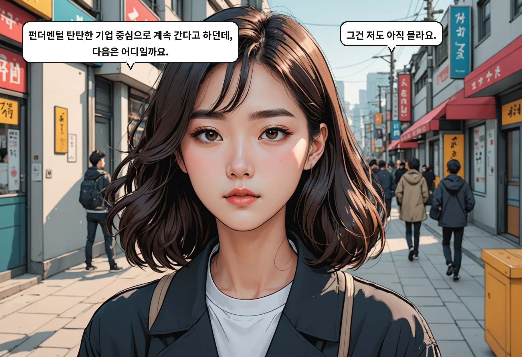A: 펀더멘털 탄탄한 기업 중심으로 계속 간다고 하던데, 다음은 어디일까요. B: 그건 저도 아직 몰라요.