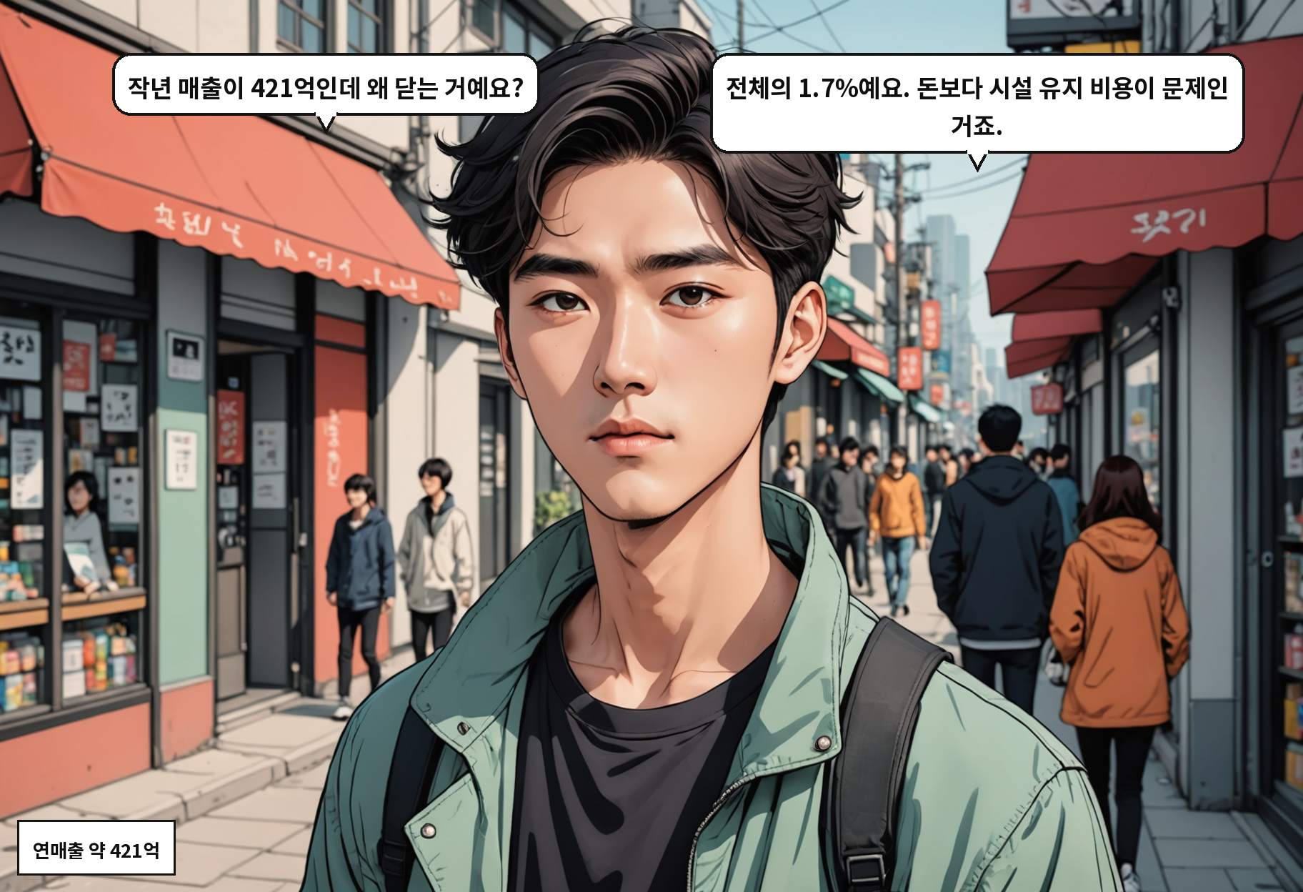 A: 작년 매출이 421억인데 왜 닫는 거예요? B: 전체의 1.7%예요. 돈보다 시설 유지 비용이 문제인 거죠.