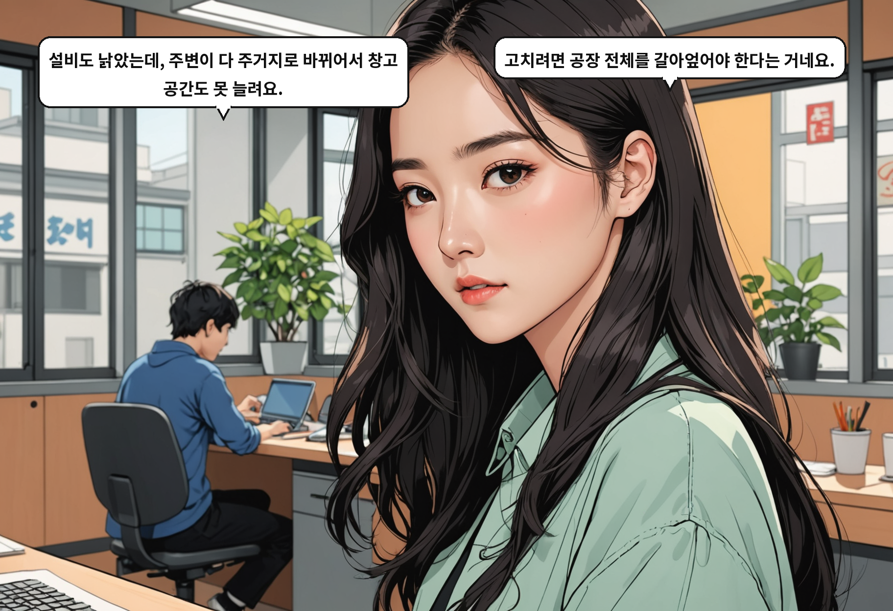 B: 설비도 낡았는데, 주변이 다 주거지로 바뀌어서 창고 공간도 못 늘려요. A: 고치려면 공장 전체를 갈아엎어야 한다는 거네요.