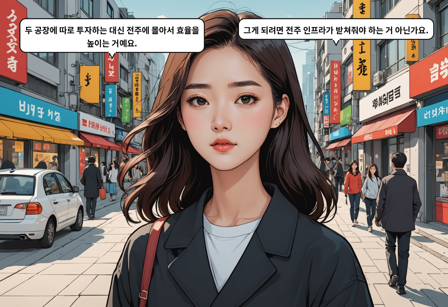 B: 두 공장에 따로 투자하는 대신 전주에 몰아서 효율을 높이는 거예요. A: 그게 되려면 전주 인프라가 받쳐줘야 하는 거 아닌가요.