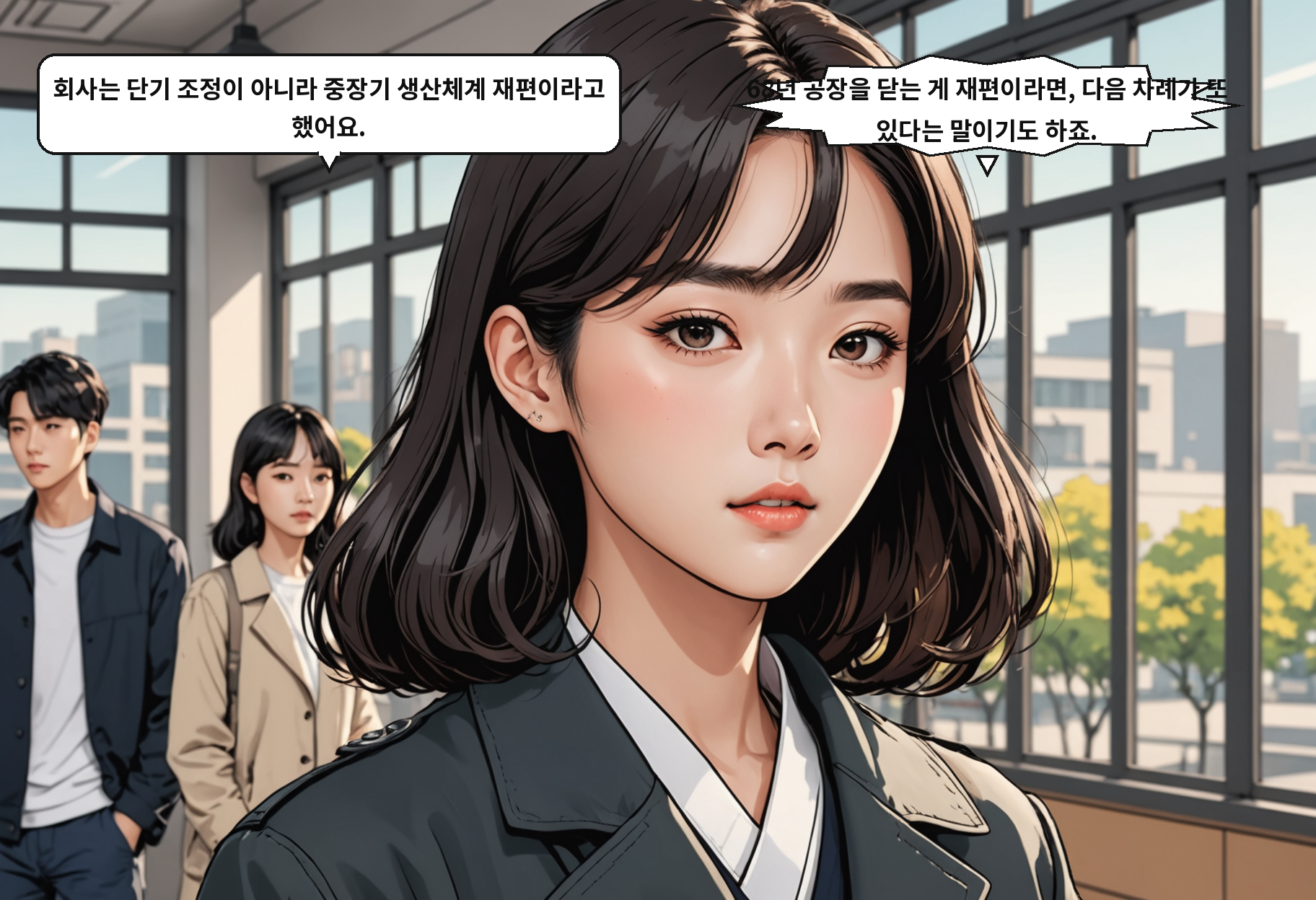 B: 회사는 단기 조정이 아니라 중장기 생산체계 재편이라고 했어요. A: 68년 공장을 닫는 게 재편이라면, 다음 차례가 또 있다는 말이기도 하죠.