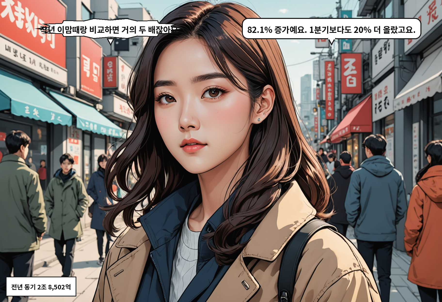 B: 작년 이맘때랑 비교하면 거의 두 배잖아요. A: 82.1% 증가예요. 1분기보다도 20% 더 올랐고요.