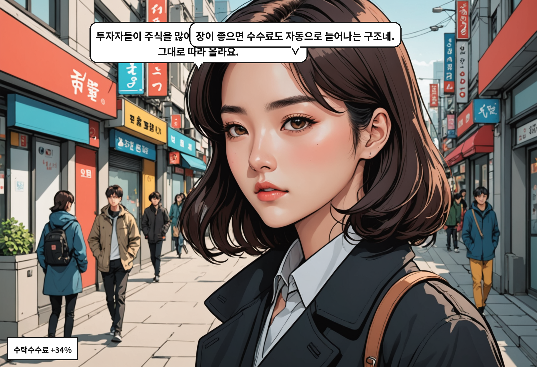 A: 투자자들이 주식을 많이 사고팔수록 수탁 수수료가 그대로 따라 올라요. B: 장이 좋으면 수수료도 자동으로 늘어나는 구조네.