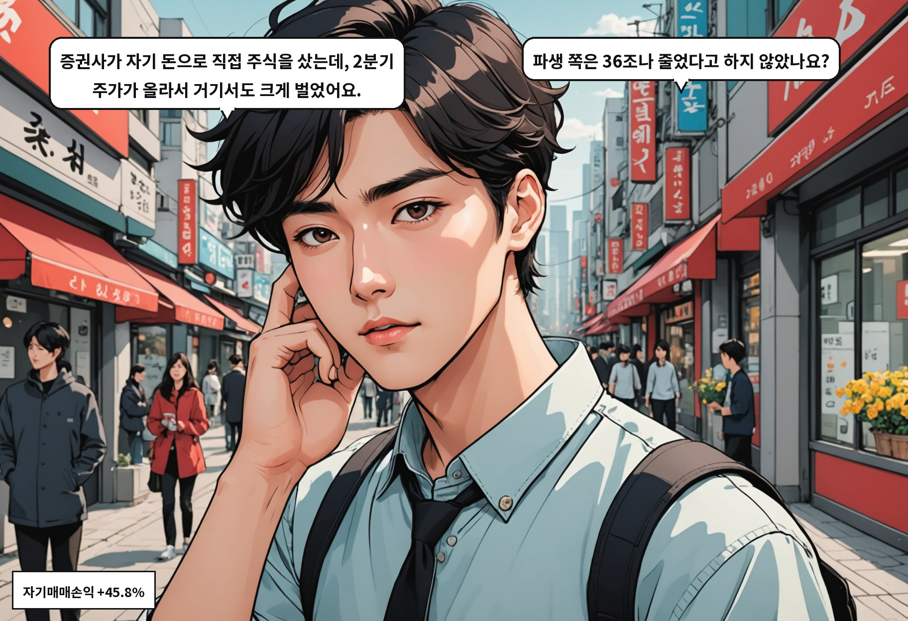 A: 증권사가 자기 돈으로 직접 주식을 샀는데, 2분기 주가가 올라서 거기서도 크게 벌었어요. B: 파생 쪽은 36조나 줄었다고 하지 않았나요?