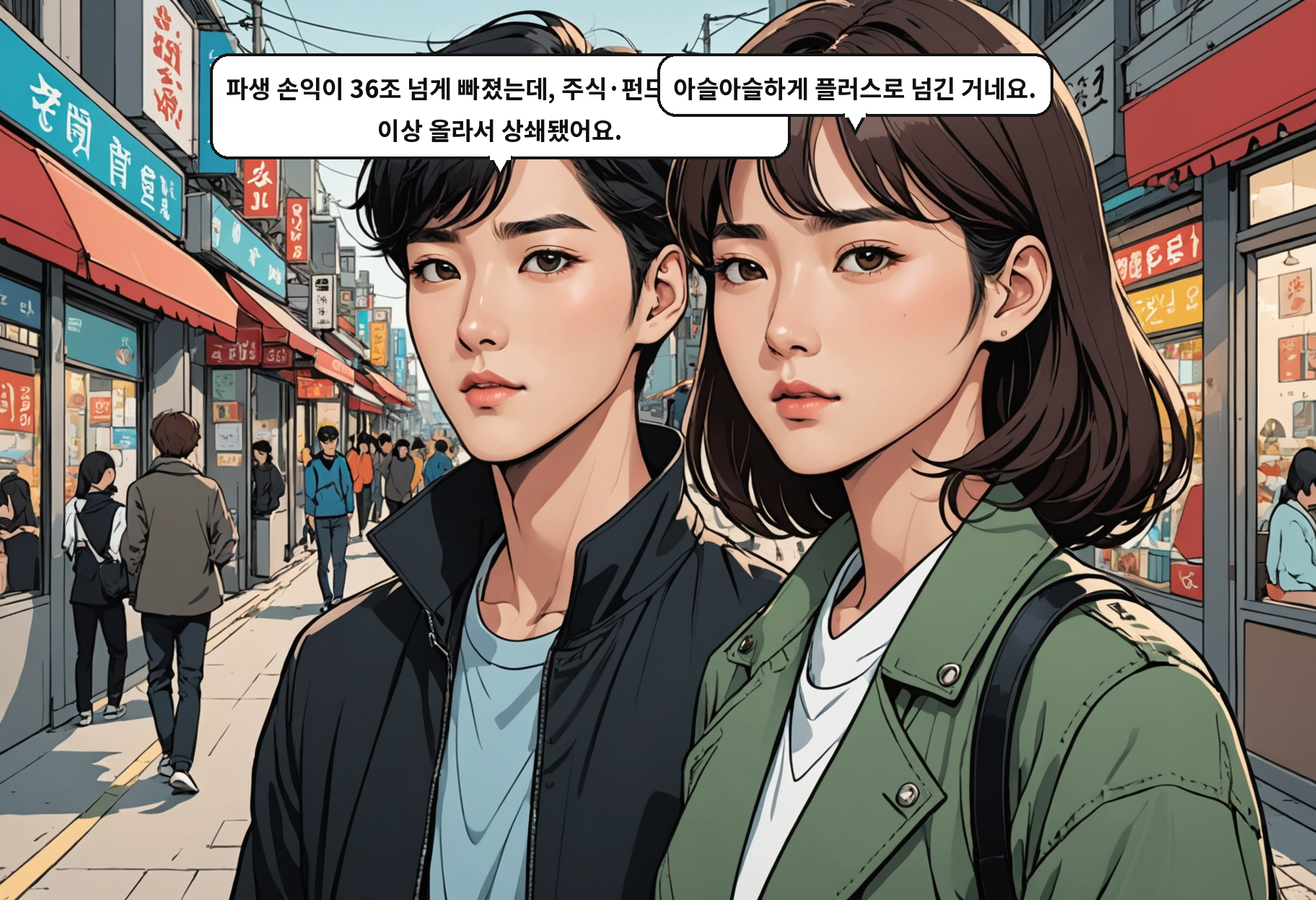 A: 파생 손익이 36조 넘게 빠졌는데, 주식·펀드 쪽이 37조 이상 올라서 상쇄됐어요. B: 아슬아슬하게 플러스로 넘긴 거네요.